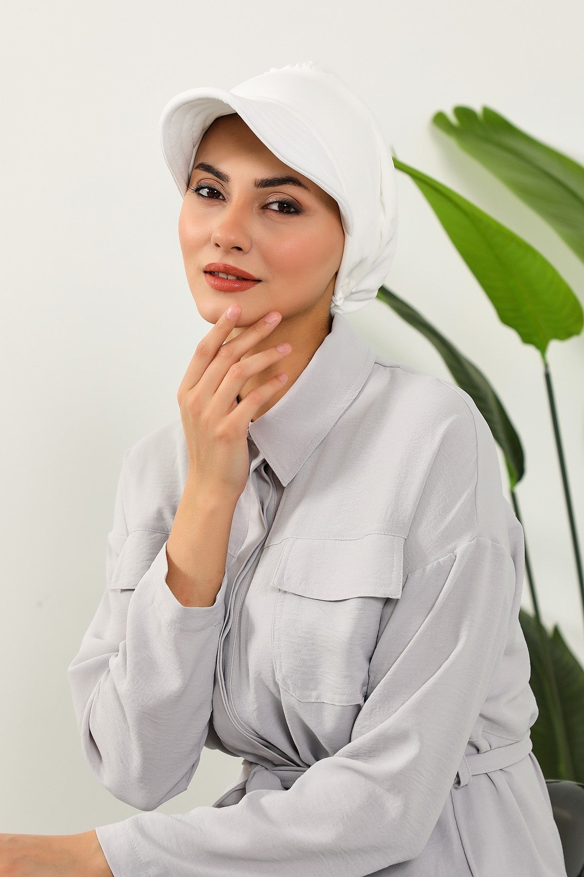 High Quality Newsboy Women Hat, Pre-Tied Turban made from High Quality Wrinkle-Resistant Aerobin Fabric, Visored Instant Turban Cover,B-73A Ecru