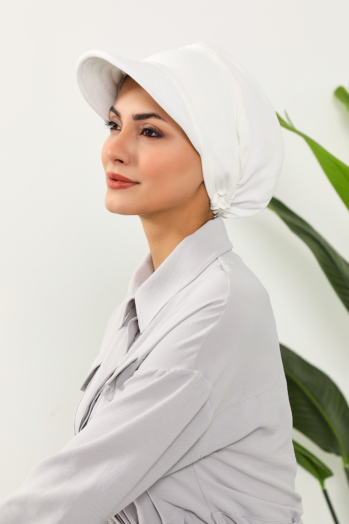 High Quality Newsboy Women Hat, Pre-Tied Turban made from High Quality Wrinkle-Resistant Aerobin Fabric, Visored Instant Turban Cover,B-73A Ecru