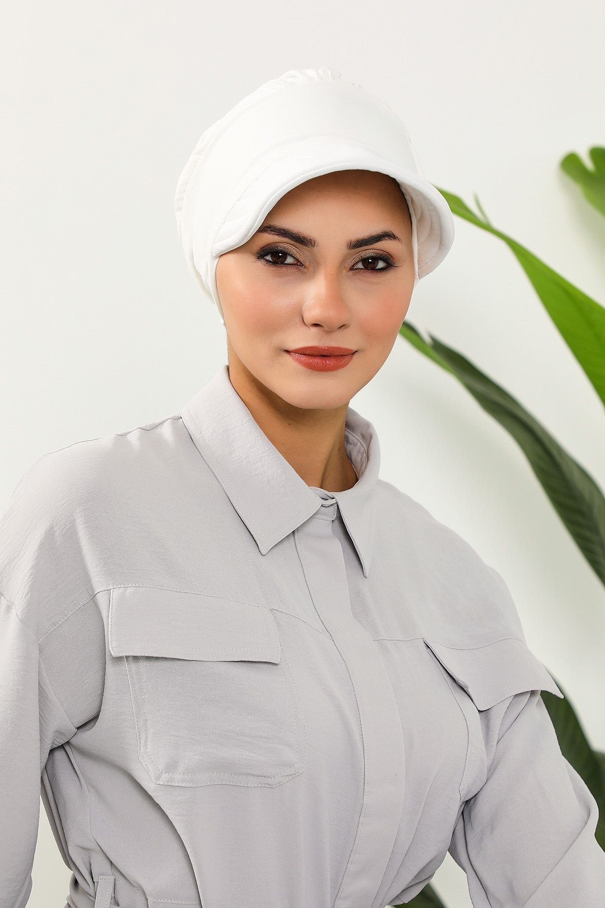 High Quality Newsboy Women Hat, Pre-Tied Turban made from High Quality Wrinkle-Resistant Aerobin Fabric, Visored Instant Turban Cover,B-73A Ecru