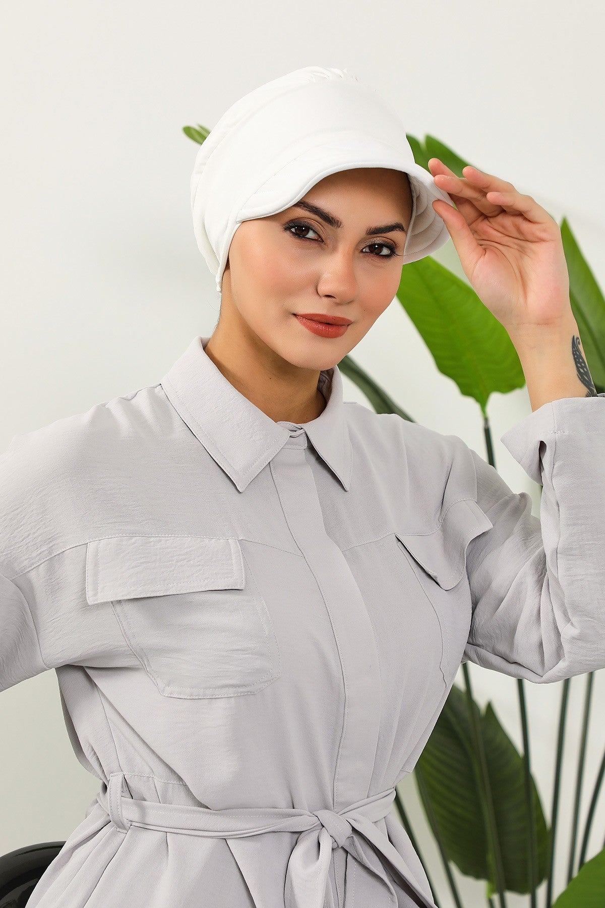 High Quality Newsboy Women Hat, Pre-Tied Turban made from High Quality Wrinkle-Resistant Aerobin Fabric, Visored Instant Turban Cover,B-73A Ecru
