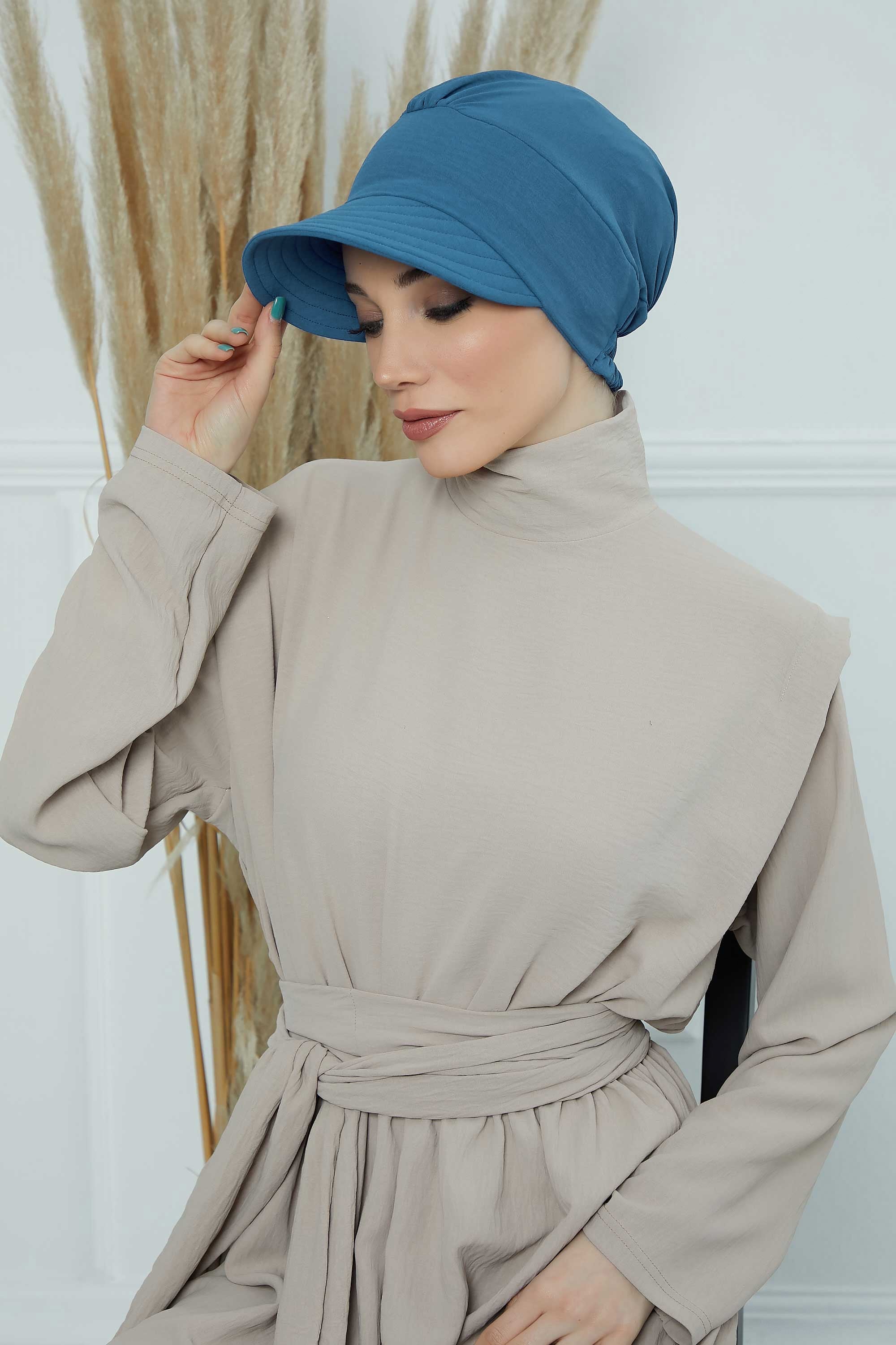 High Quality Newsboy Women Hat, Pre-Tied Turban made from High Quality Wrinkle-Resistant Aerobin Fabric, Visored Instant Turban Cover,B-73A İndigo