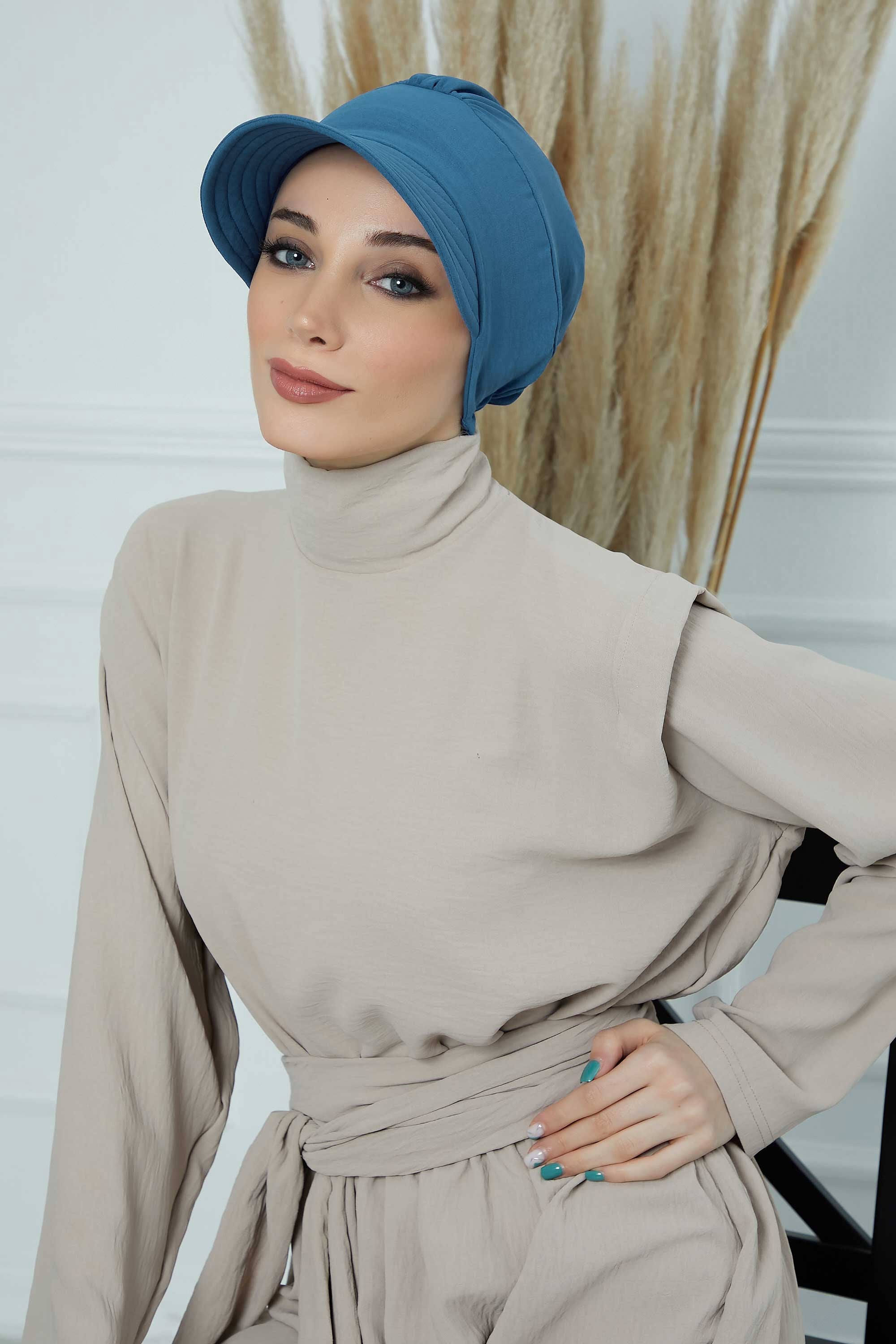 High Quality Newsboy Women Hat, Pre-Tied Turban made from High Quality Wrinkle-Resistant Aerobin Fabric, Visored Instant Turban Cover,B-73A İndigo