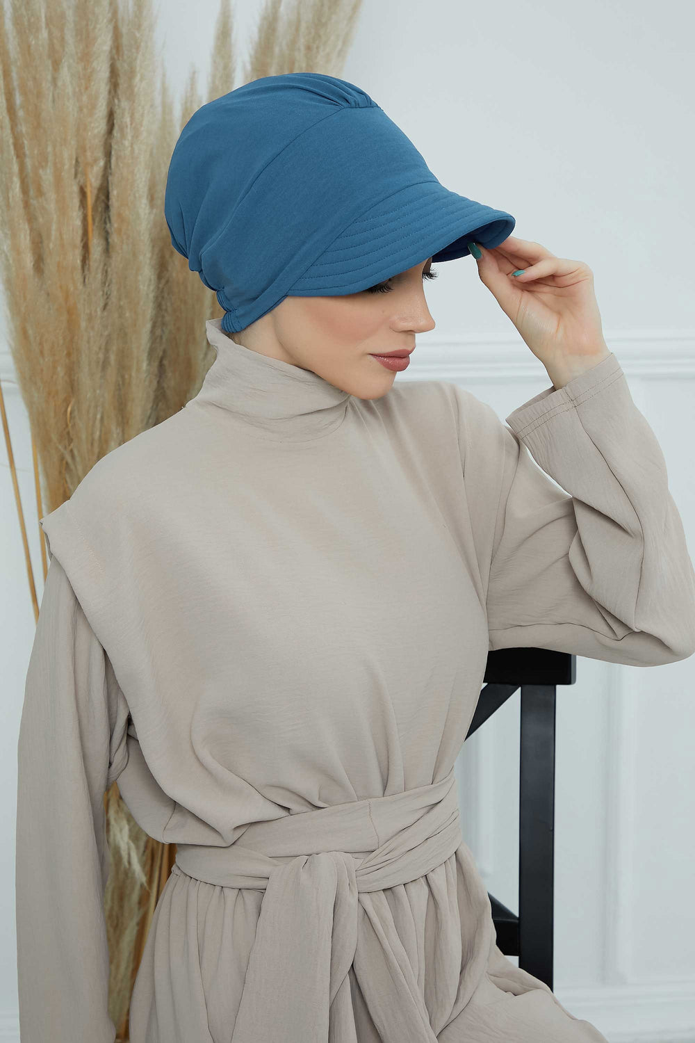 High Quality Newsboy Women Hat, Pre-Tied Turban made from High Quality Wrinkle-Resistant Aerobin Fabric, Visored Instant Turban Cover,B-73A İndigo