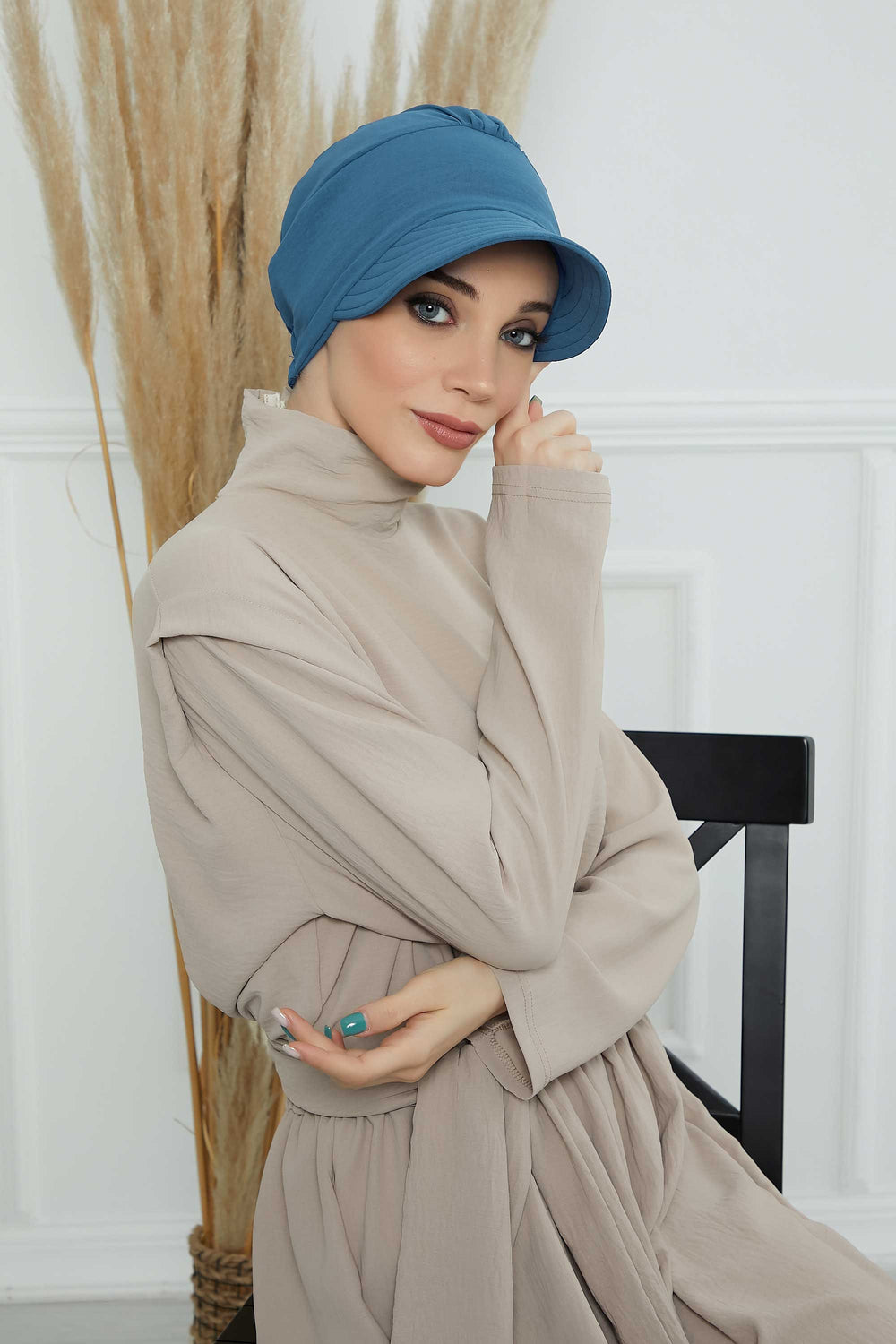 High Quality Newsboy Women Hat, Pre-Tied Turban made from High Quality Wrinkle-Resistant Aerobin Fabric, Visored Instant Turban Cover,B-73A İndigo
