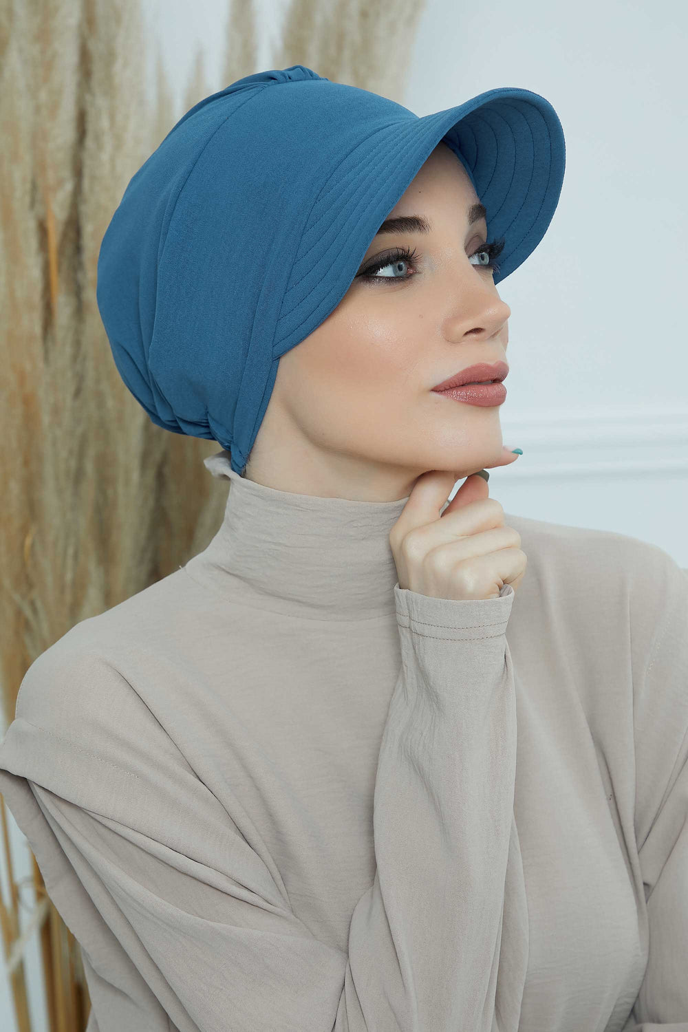 High Quality Newsboy Women Hat, Pre-Tied Turban made from High Quality Wrinkle-Resistant Aerobin Fabric, Visored Instant Turban Cover,B-73A İndigo