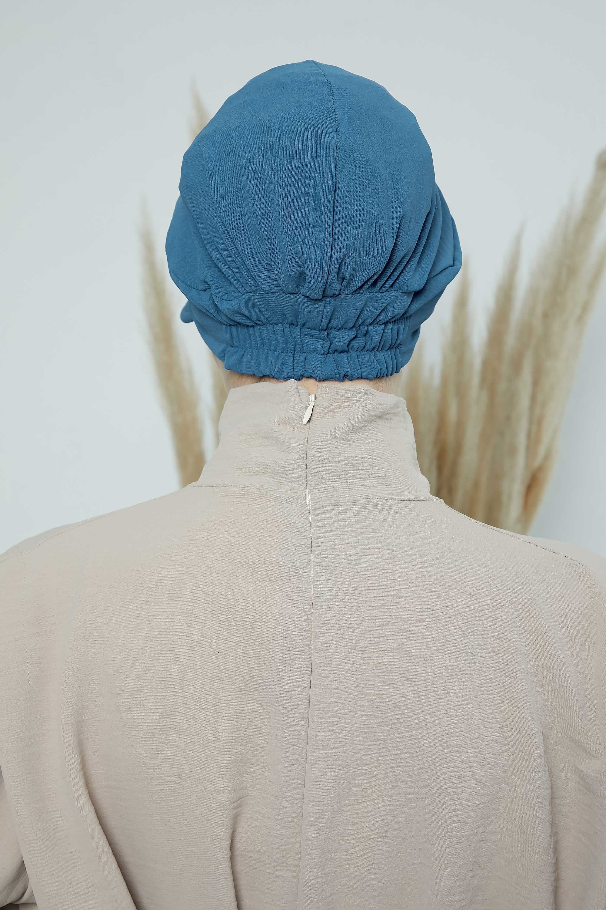 High Quality Newsboy Women Hat, Pre-Tied Turban made from High Quality Wrinkle-Resistant Aerobin Fabric, Visored Instant Turban Cover,B-73A İndigo