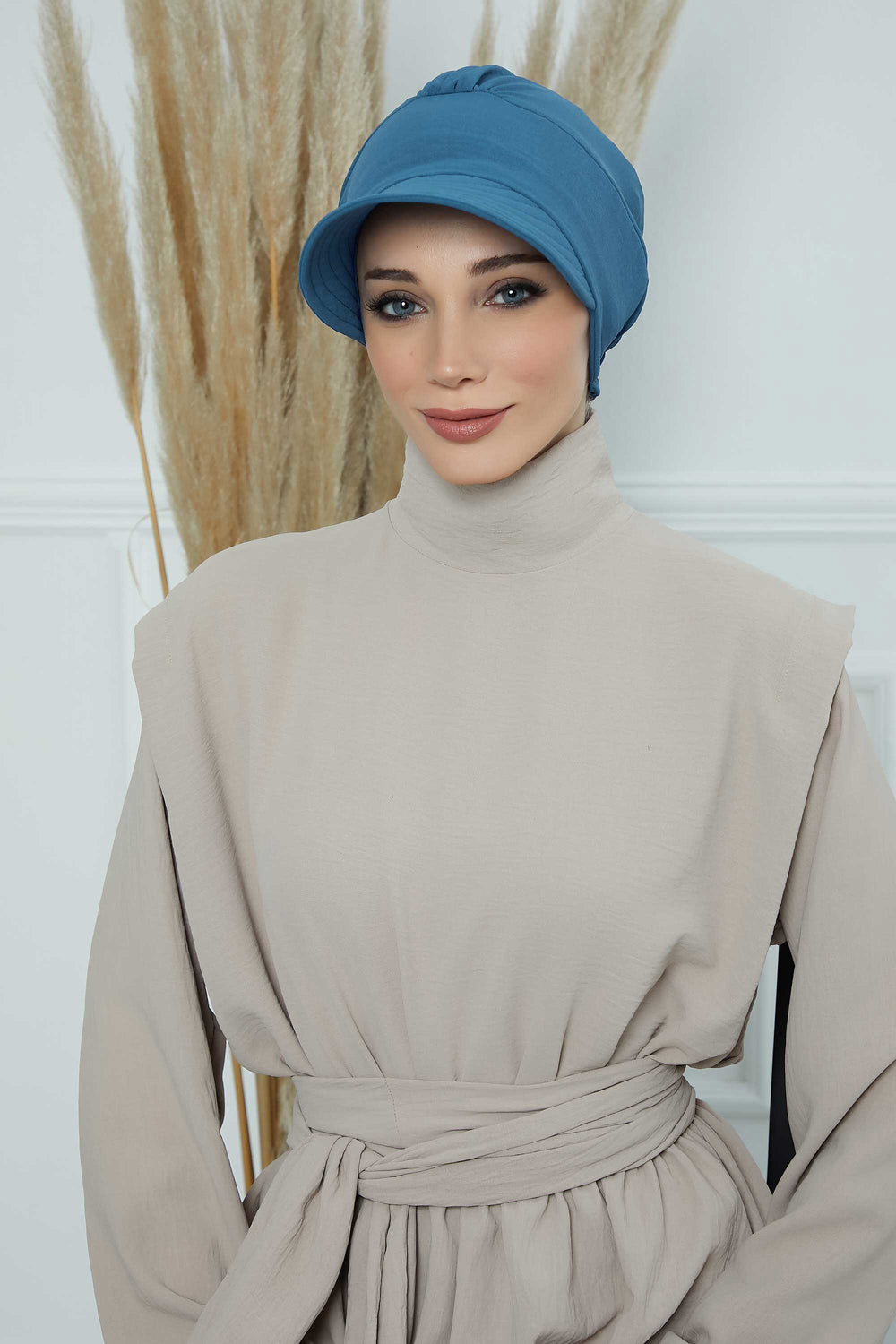 High Quality Newsboy Women Hat, Pre-Tied Turban made from High Quality Wrinkle-Resistant Aerobin Fabric, Visored Instant Turban Cover,B-73A İndigo