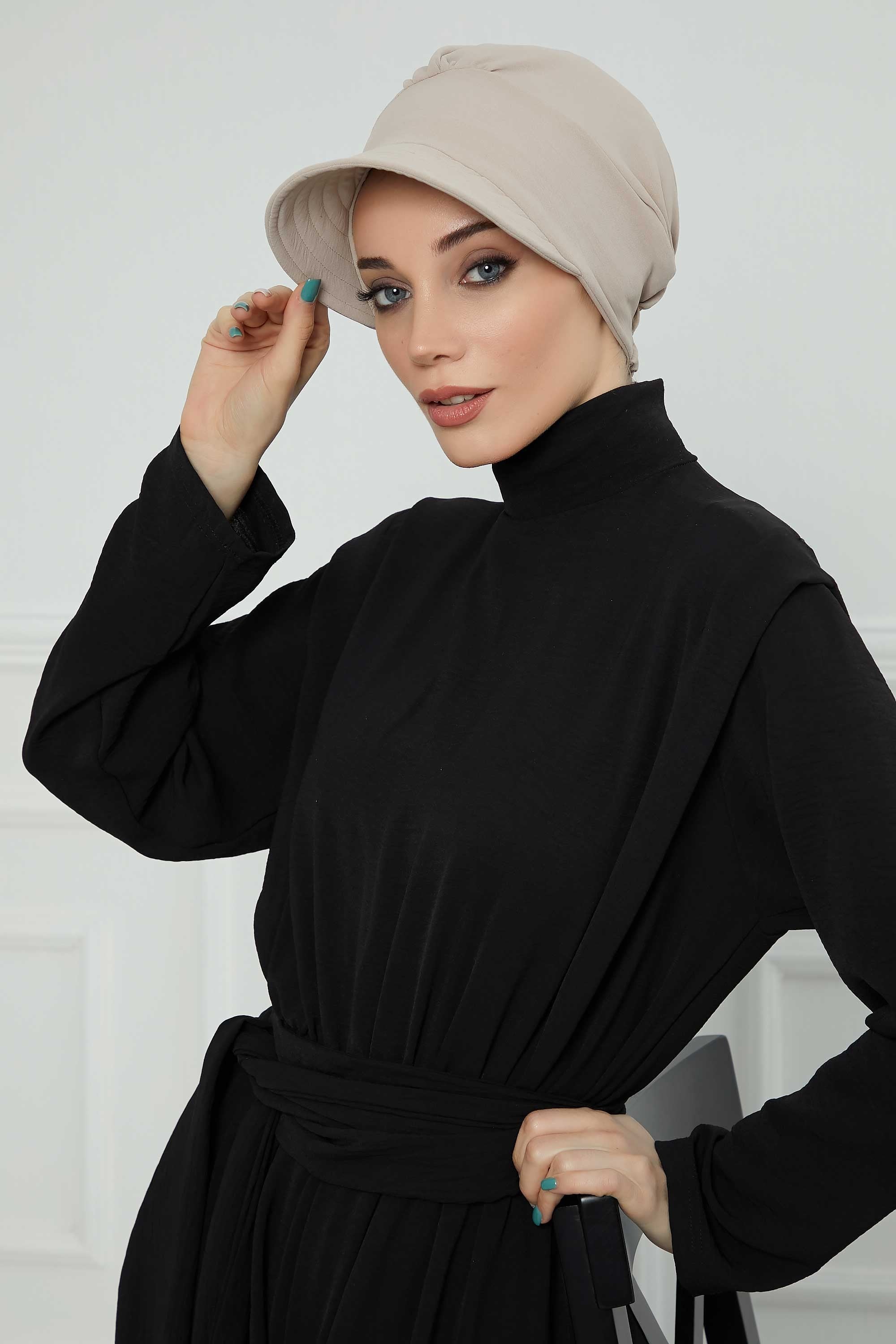 High Quality Newsboy Women Hat, Pre-Tied Turban made from High Quality Wrinkle-Resistant Aerobin Fabric, Visored Instant Turban Cover,B-73A Beige