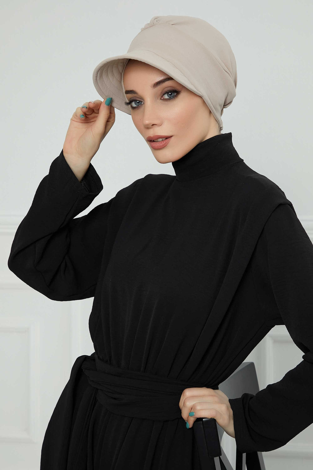 High Quality Newsboy Women Hat, Pre-Tied Turban made from High Quality Wrinkle-Resistant Aerobin Fabric, Visored Instant Turban Cover,B-73A Beige