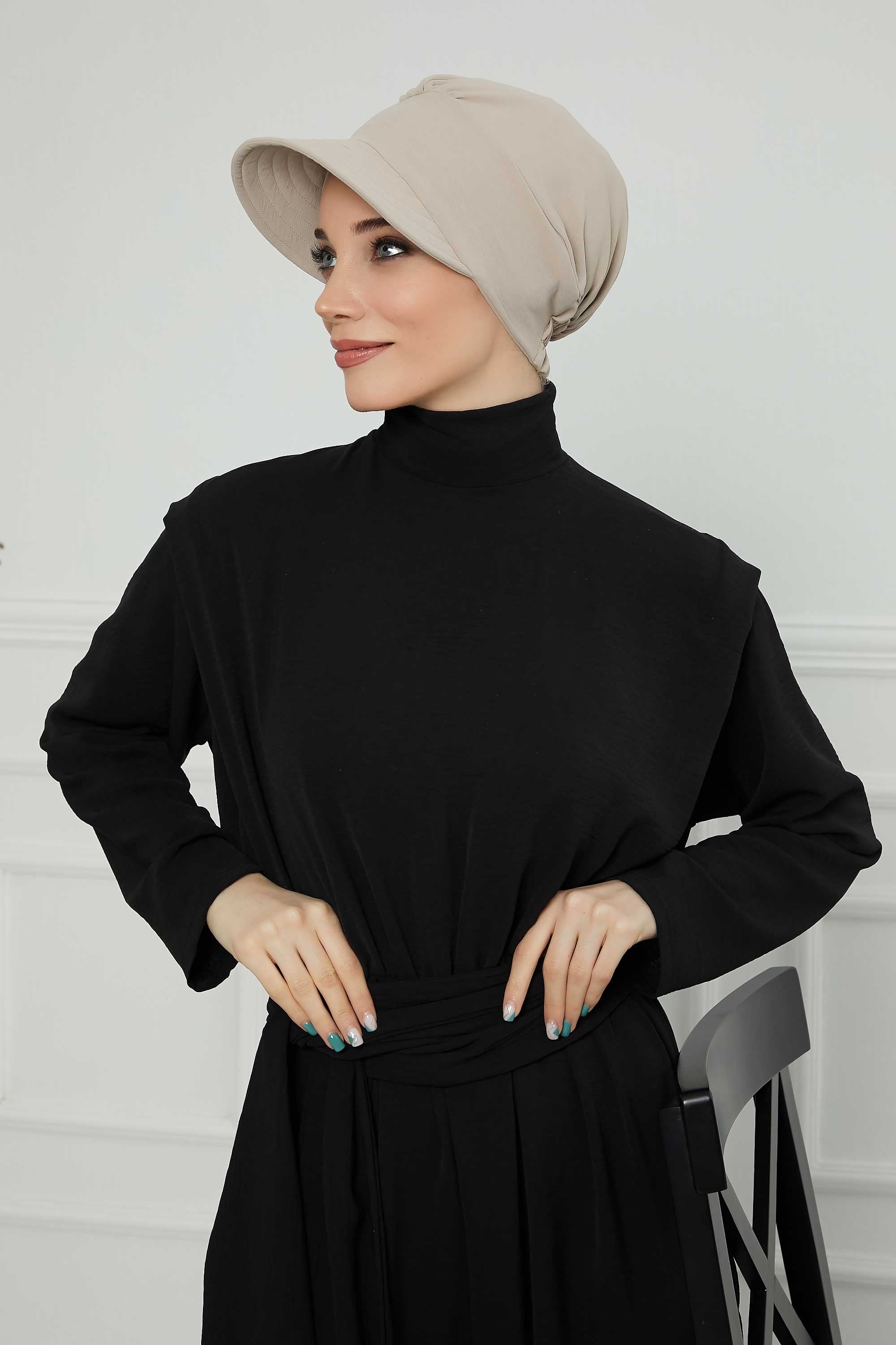 High Quality Newsboy Women Hat, Pre-Tied Turban made from High Quality Wrinkle-Resistant Aerobin Fabric, Visored Instant Turban Cover,B-73A Beige