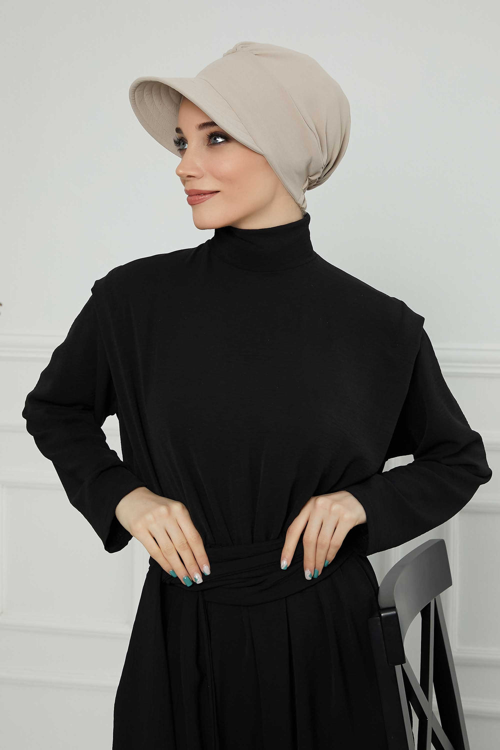 High Quality Newsboy Women Hat, Pre-Tied Turban made from High Quality Wrinkle-Resistant Aerobin Fabric, Visored Instant Turban Cover,B-73A Beige