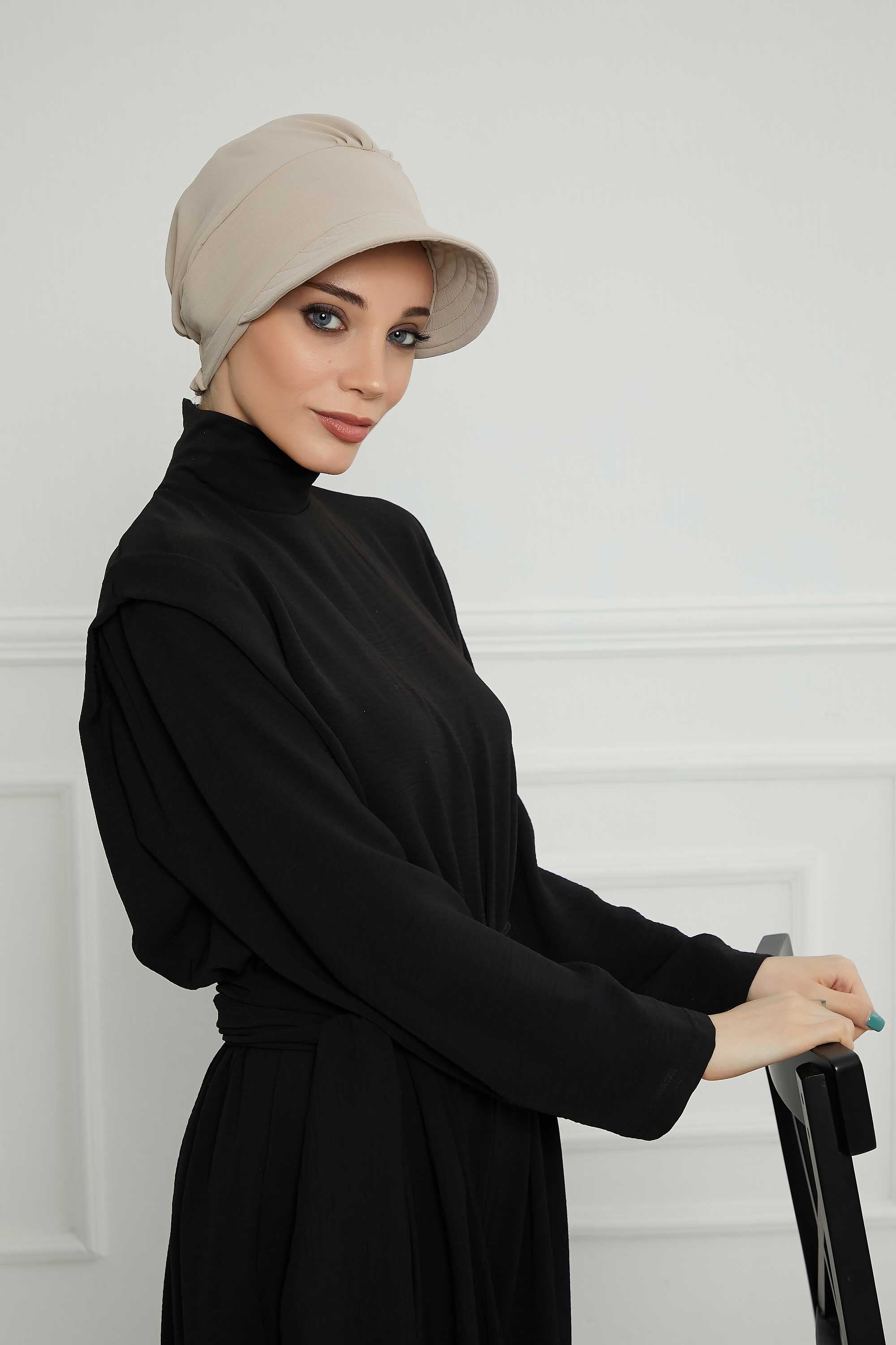 High Quality Newsboy Women Hat, Pre-Tied Turban made from High Quality Wrinkle-Resistant Aerobin Fabric, Visored Instant Turban Cover,B-73A Beige