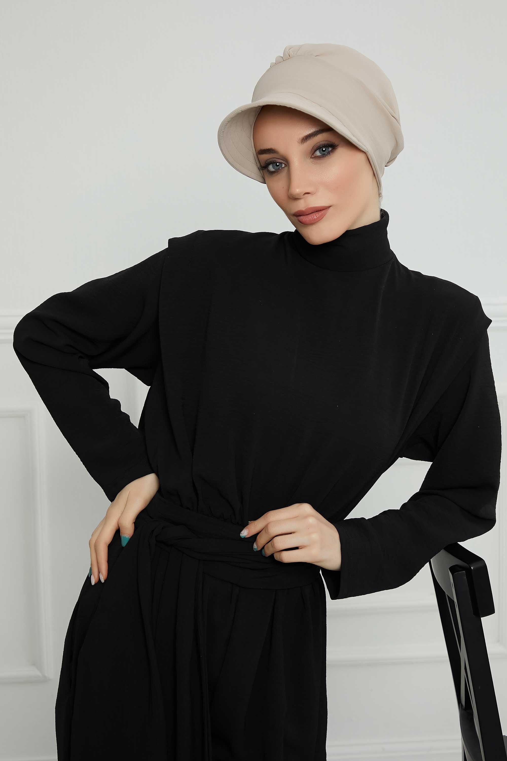 High Quality Newsboy Women Hat, Pre-Tied Turban made from High Quality Wrinkle-Resistant Aerobin Fabric, Visored Instant Turban Cover,B-73A Beige