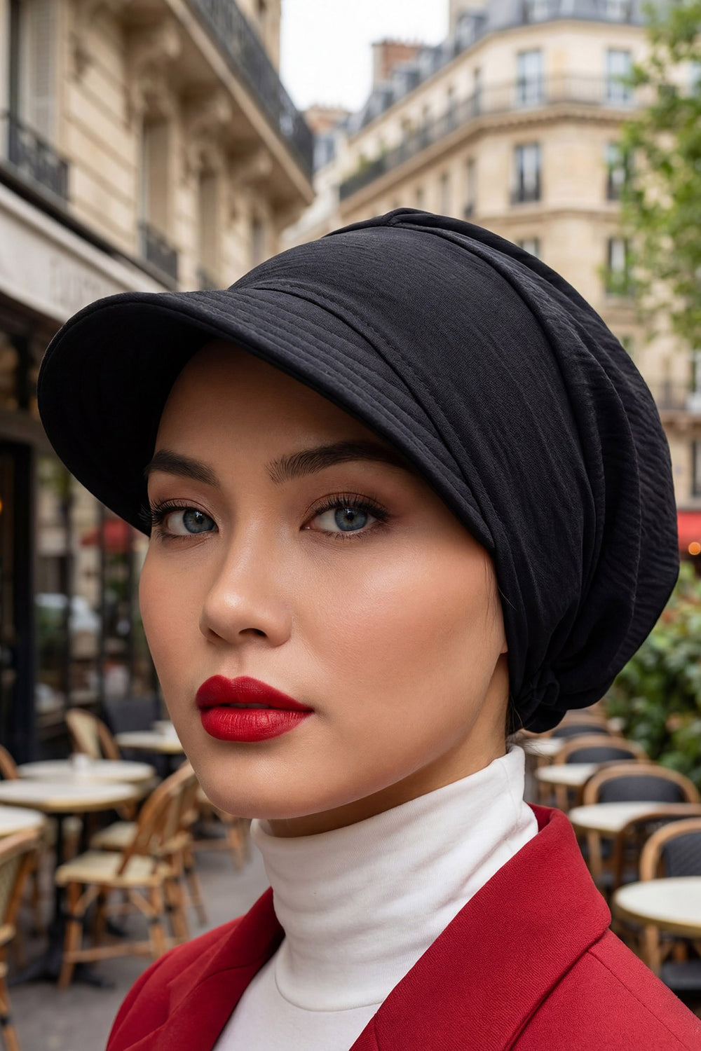High Quality Newsboy Women Hat, Pre-Tied Turban made from High Quality Wrinkle-Resistant Aerobin Fabric, Visored Instant Turban Cover,B-73A Black