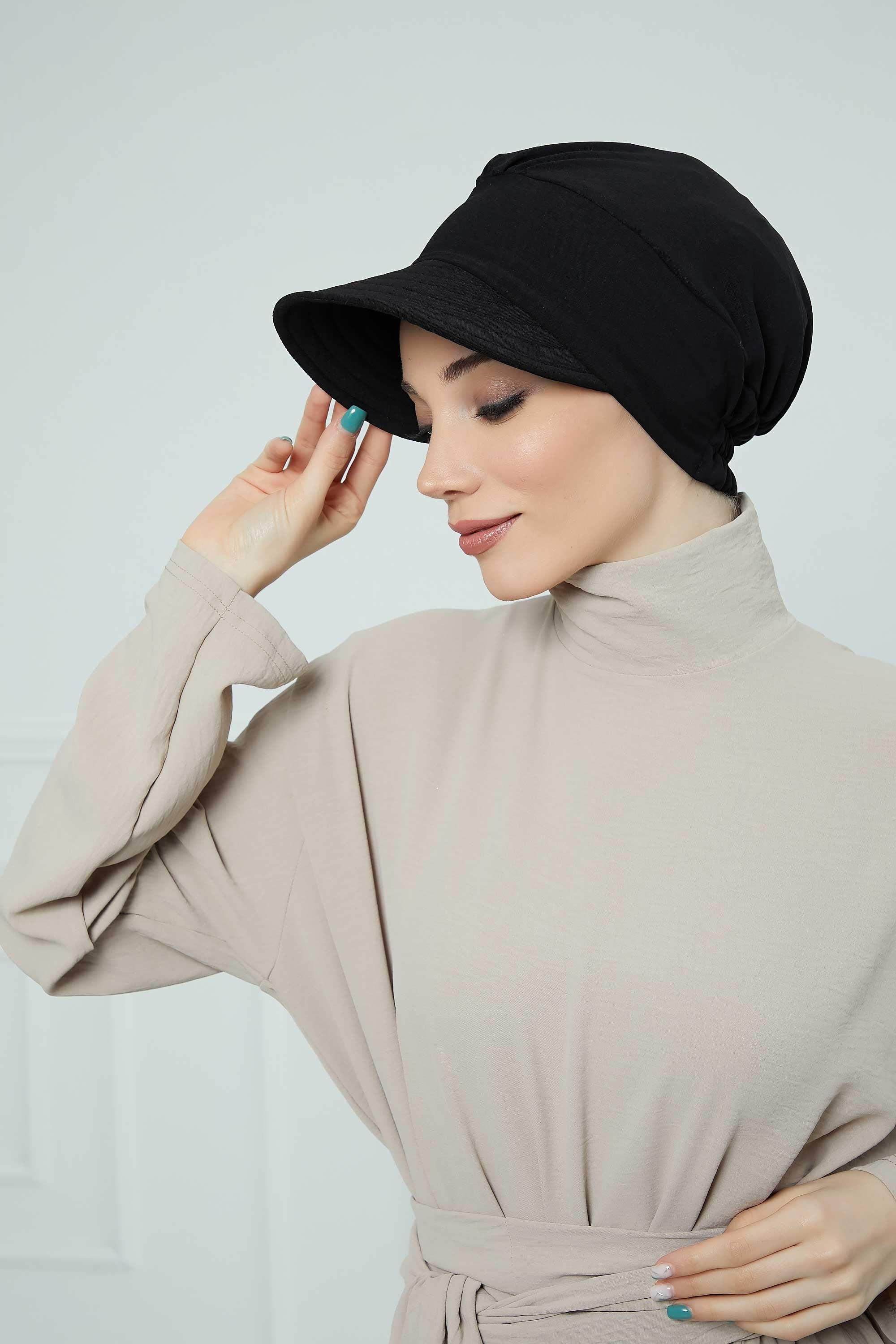 High Quality Newsboy Women Hat, Pre-Tied Turban made from High Quality Wrinkle-Resistant Aerobin Fabric, Visored Instant Turban Cover,B-73A Black