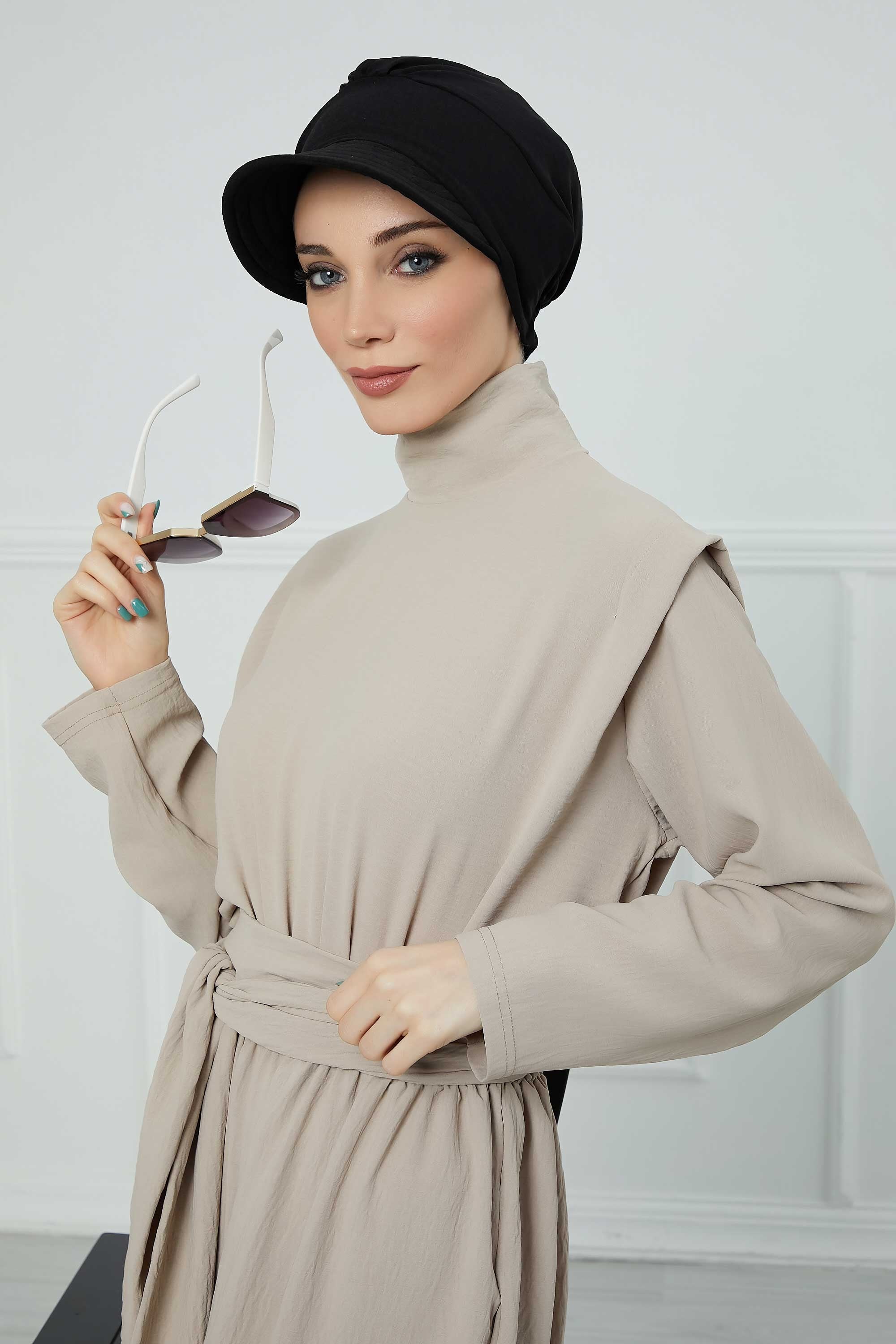 High Quality Newsboy Women Hat, Pre-Tied Turban made from High Quality Wrinkle-Resistant Aerobin Fabric, Visored Instant Turban Cover,B-73A Black