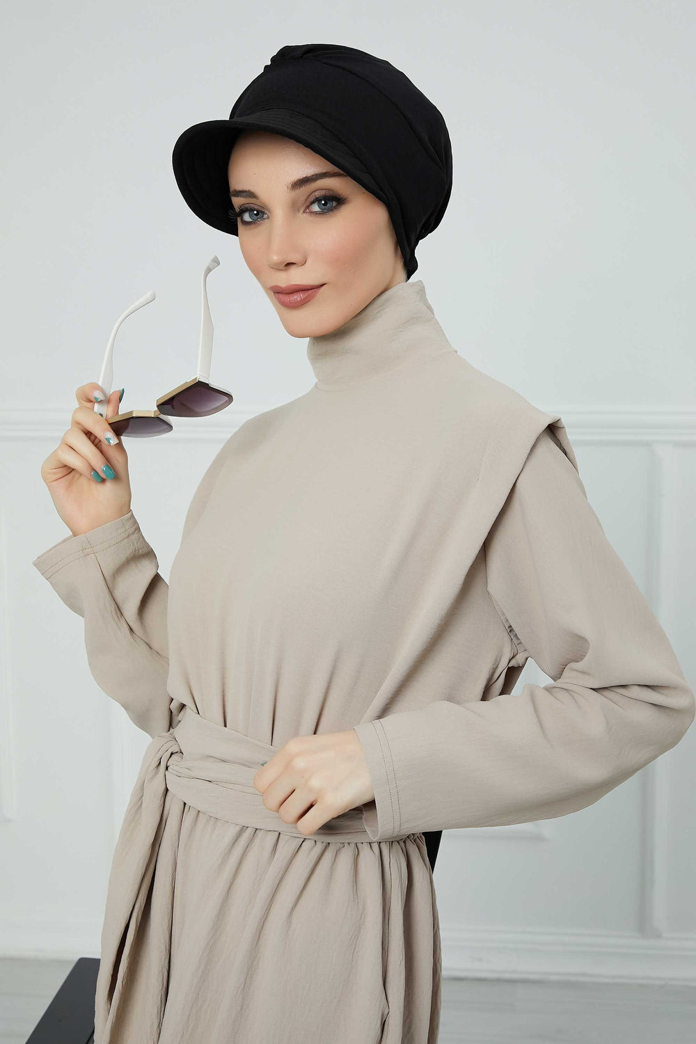 High Quality Newsboy Women Hat, Pre-Tied Turban made from High Quality Wrinkle-Resistant Aerobin Fabric, Visored Instant Turban Cover,B-73A Black