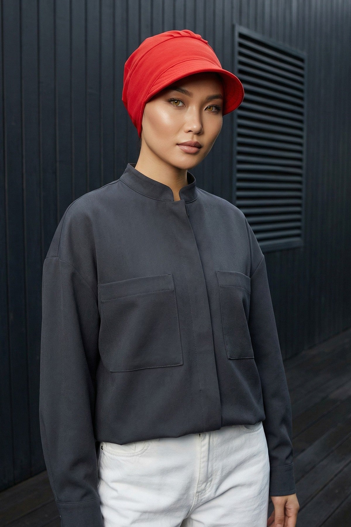 High Quality Newsboy Women Hat, Pre-Tied Turban made from High Quality Wrinkle-Resistant Aerobin Fabric, Visored Instant Turban Cover,B-73A Red