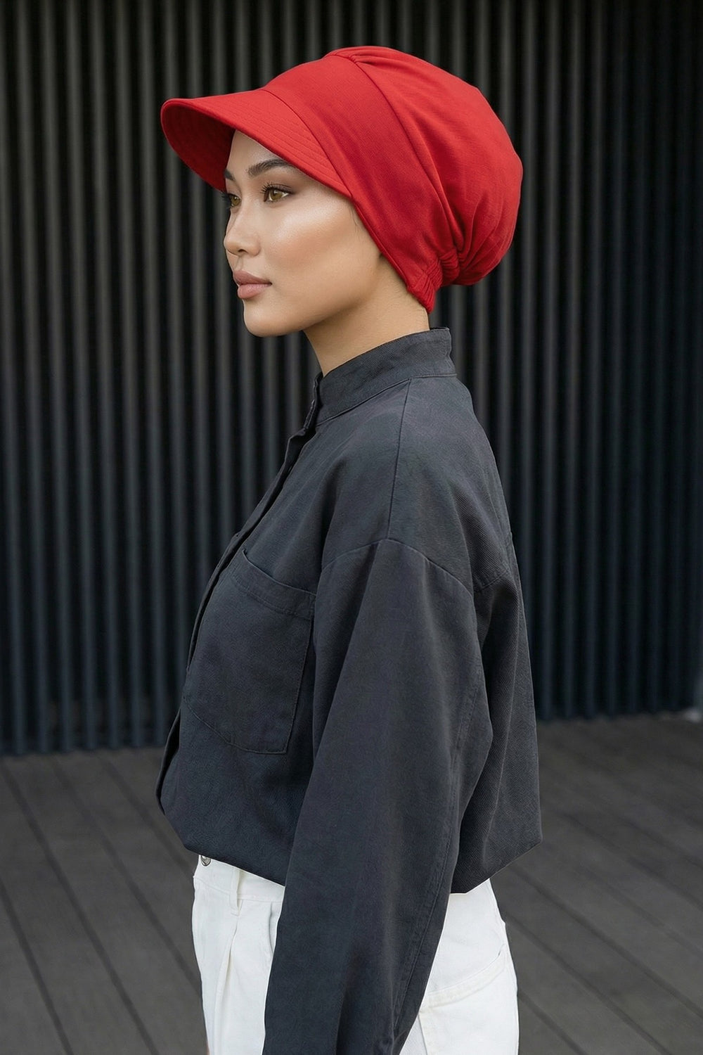 High Quality Newsboy Women Hat, Pre-Tied Turban made from High Quality Wrinkle-Resistant Aerobin Fabric, Visored Instant Turban Cover,B-73A Red