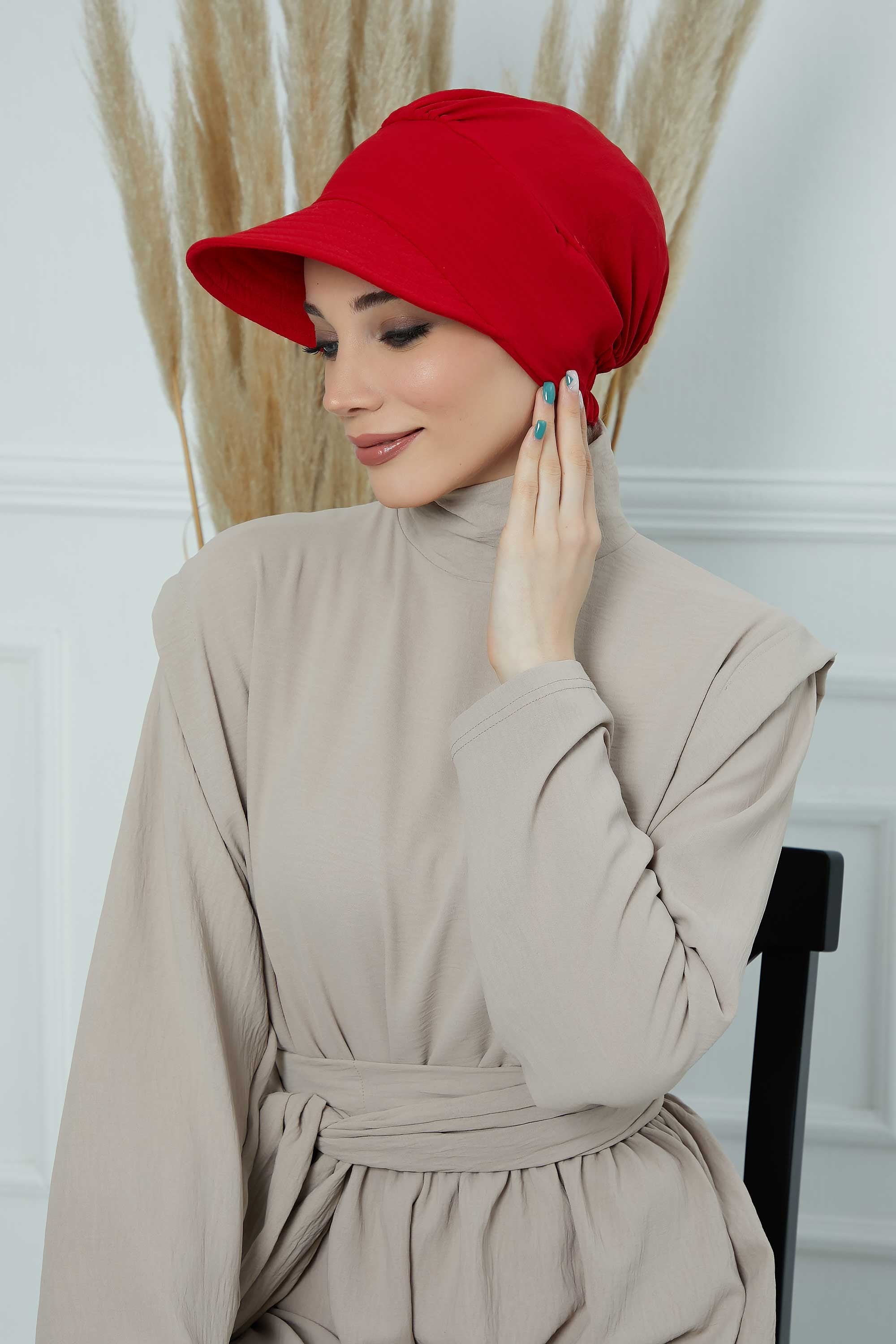 High Quality Newsboy Women Hat, Pre-Tied Turban made from High Quality Wrinkle-Resistant Aerobin Fabric, Visored Instant Turban Cover,B-73A Red