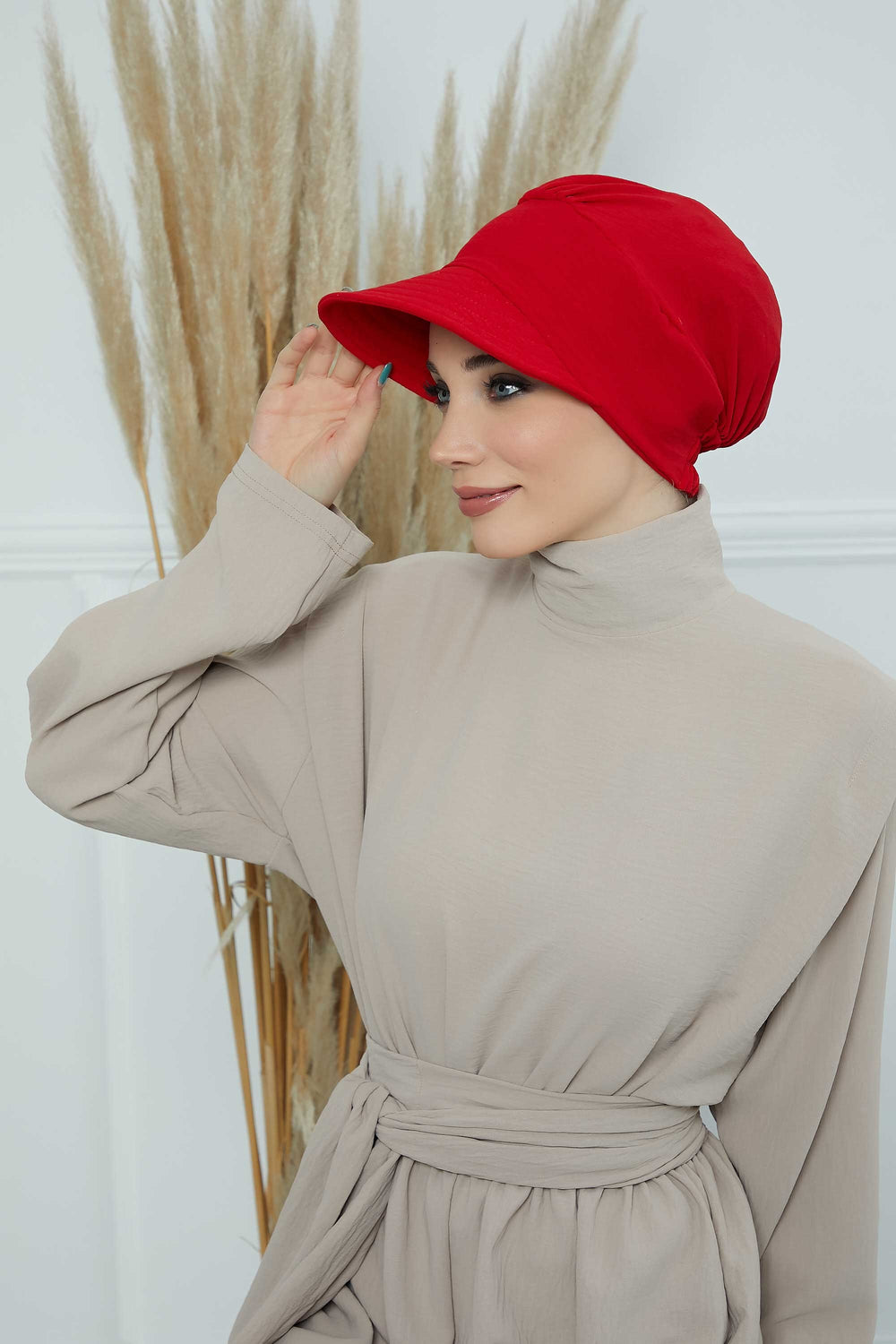High Quality Newsboy Women Hat, Pre-Tied Turban made from High Quality Wrinkle-Resistant Aerobin Fabric, Visored Instant Turban Cover,B-73A Red
