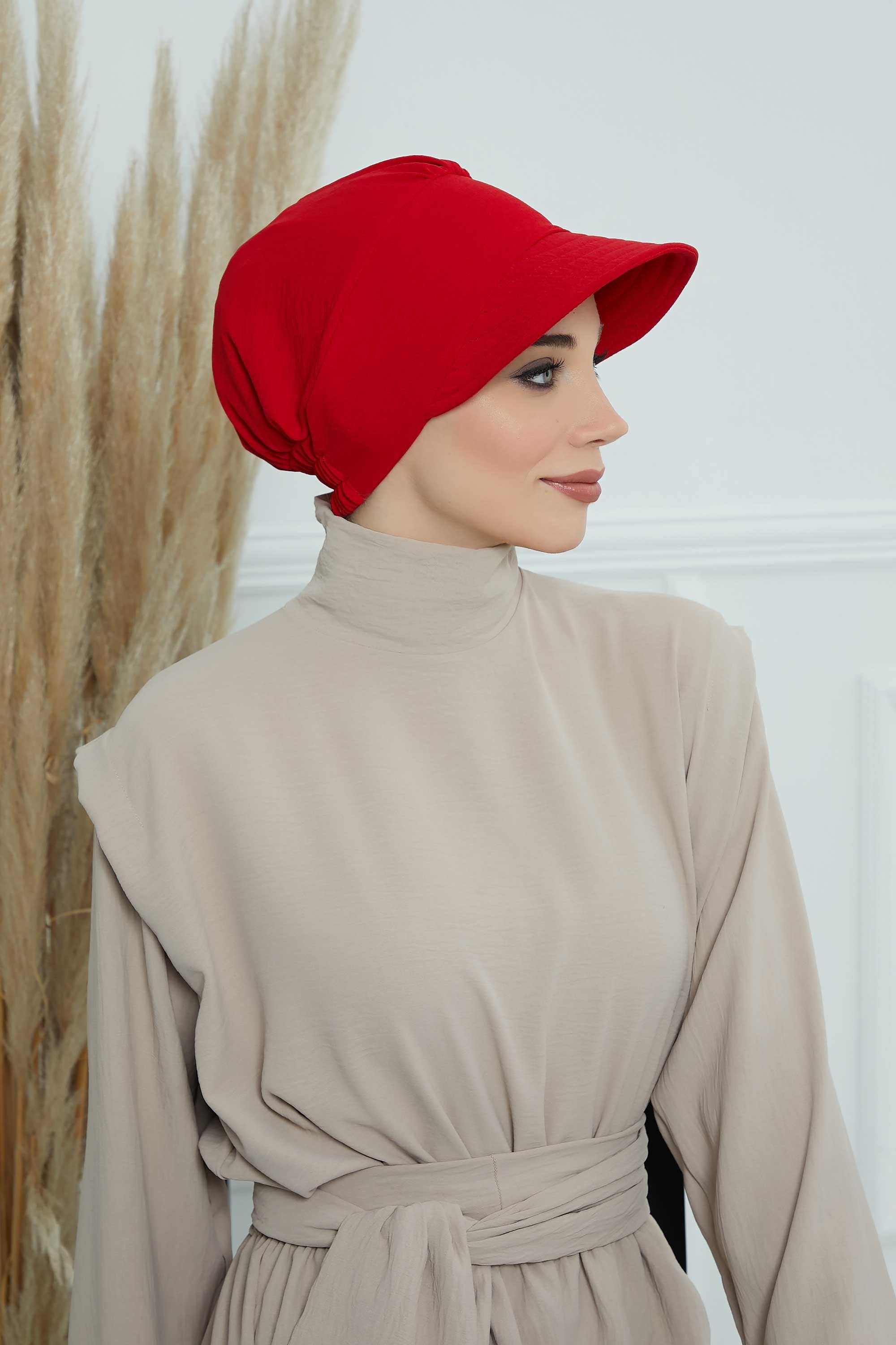 High Quality Newsboy Women Hat, Pre-Tied Turban made from High Quality Wrinkle-Resistant Aerobin Fabric, Visored Instant Turban Cover,B-73A Red