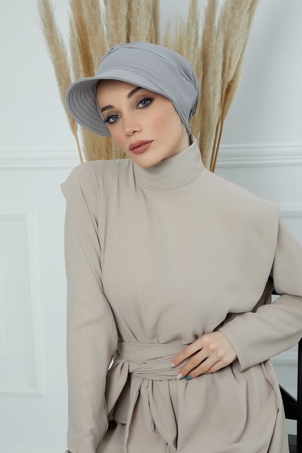 High Quality Newsboy Women Hat, Pre-Tied Turban made from High Quality Wrinkle-Resistant Aerobin Fabric, Visored Instant Turban Cover,B-73A Grey