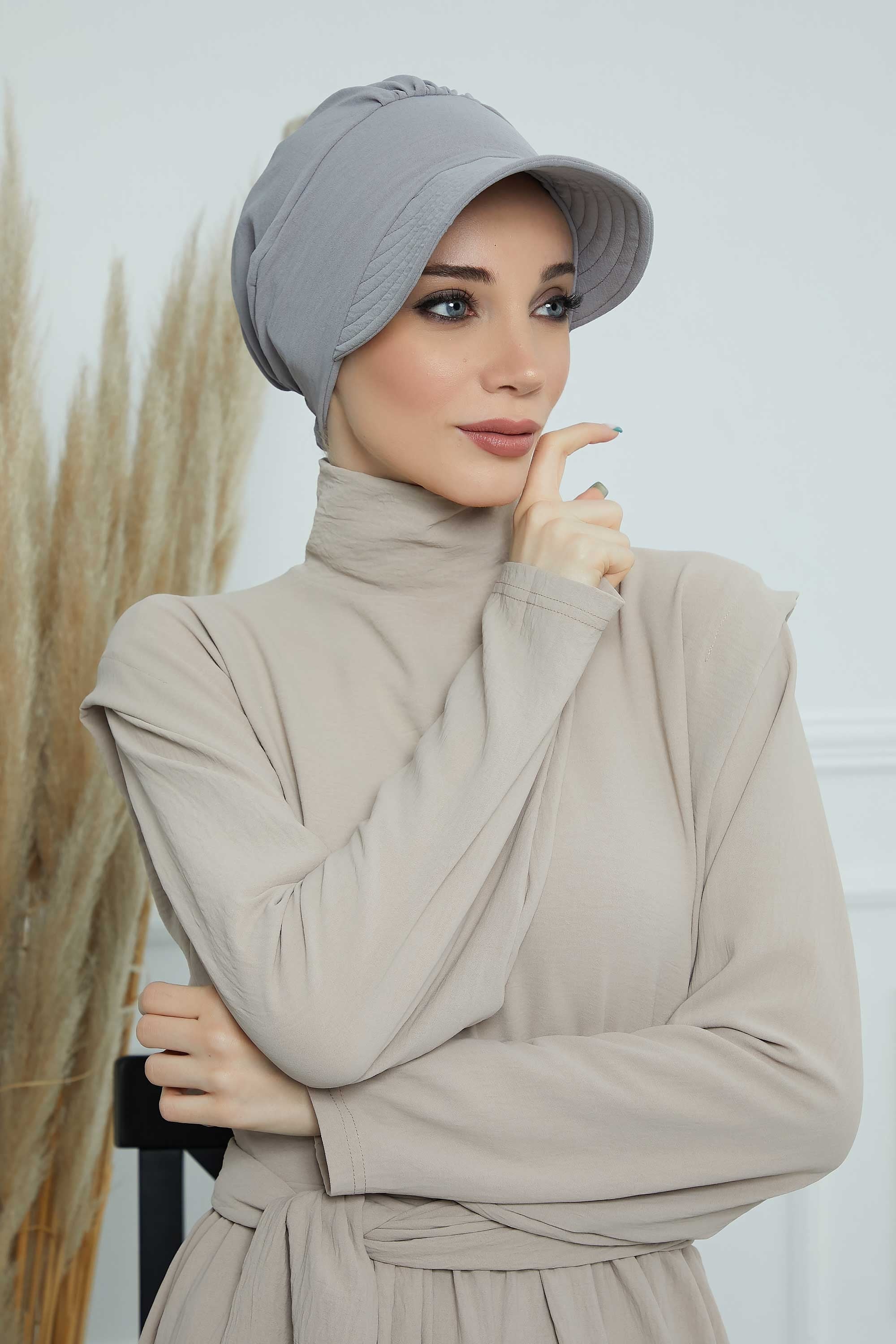 High Quality Newsboy Women Hat, Pre-Tied Turban made from High Quality Wrinkle-Resistant Aerobin Fabric, Visored Instant Turban Cover,B-73A Grey