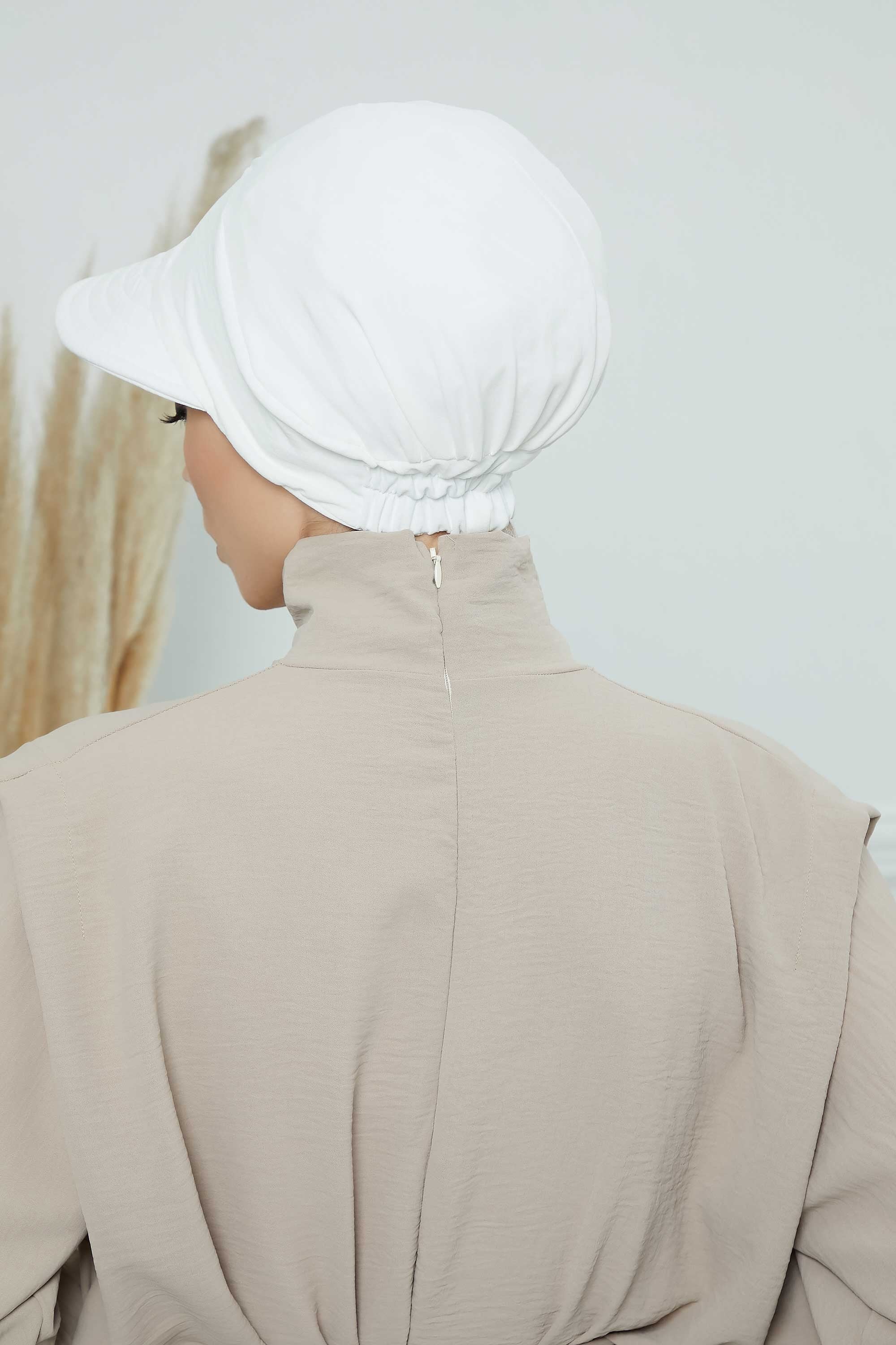 High Quality Newsboy Women Hat, Pre-Tied Turban made from High Quality Wrinkle-Resistant Aerobin Fabric, Visored Instant Turban Cover,B-73A White