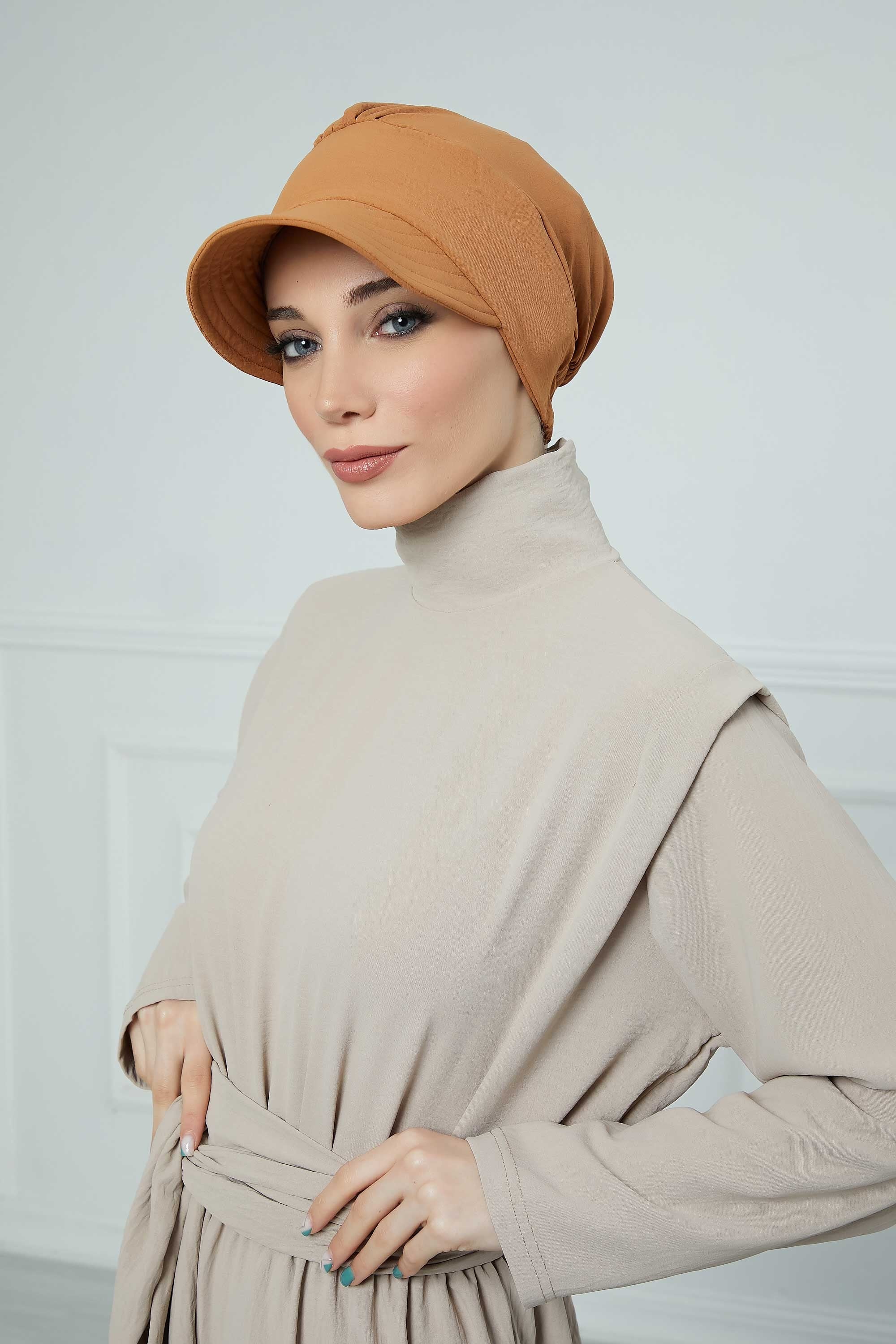 High Quality Newsboy Women Hat, Pre-Tied Turban made from High Quality Wrinkle-Resistant Aerobin Fabric, Visored Instant Turban Cover,B-73A Tawny Brown