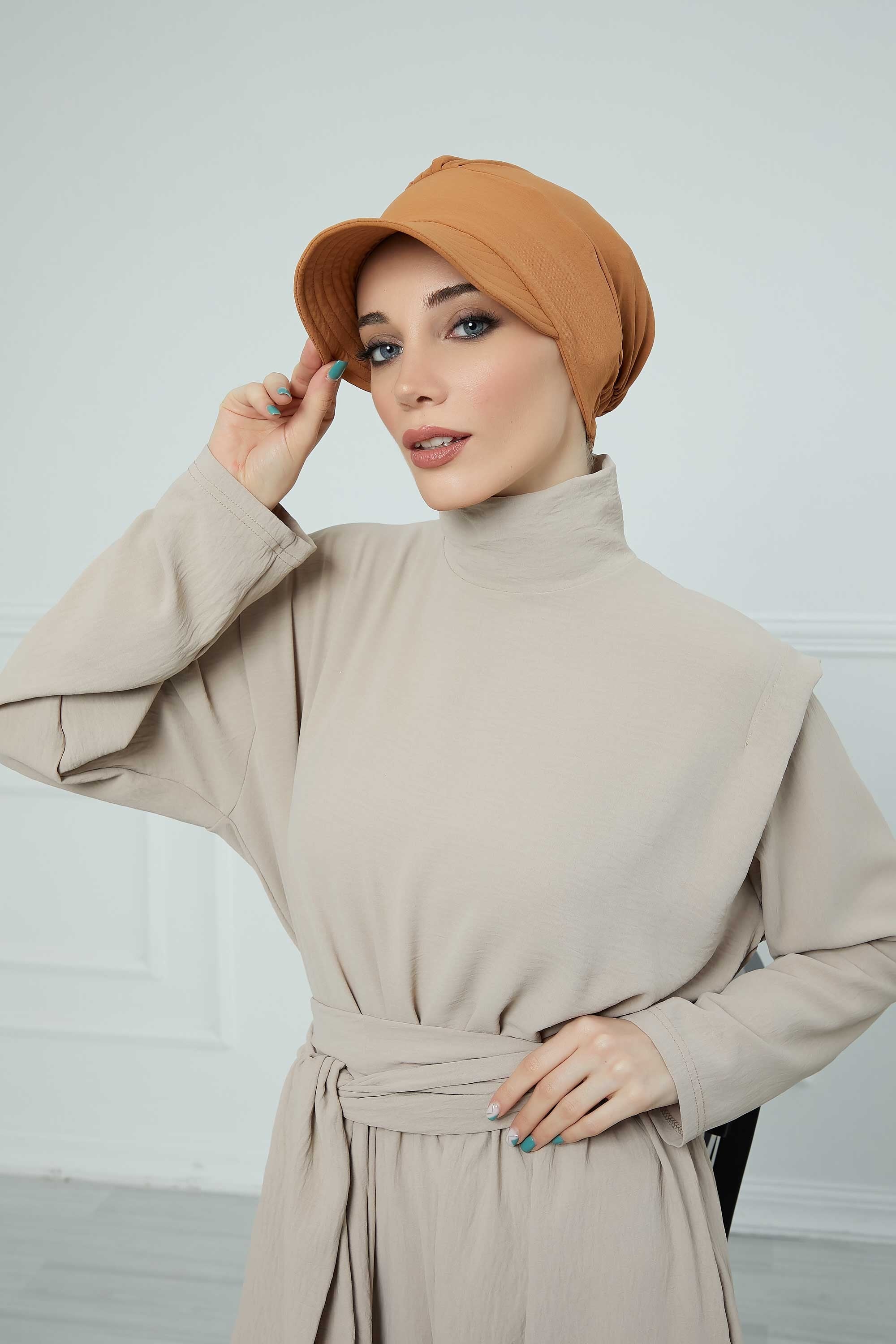 High Quality Newsboy Women Hat, Pre-Tied Turban made from High Quality Wrinkle-Resistant Aerobin Fabric, Visored Instant Turban Cover,B-73A Tawny Brown
