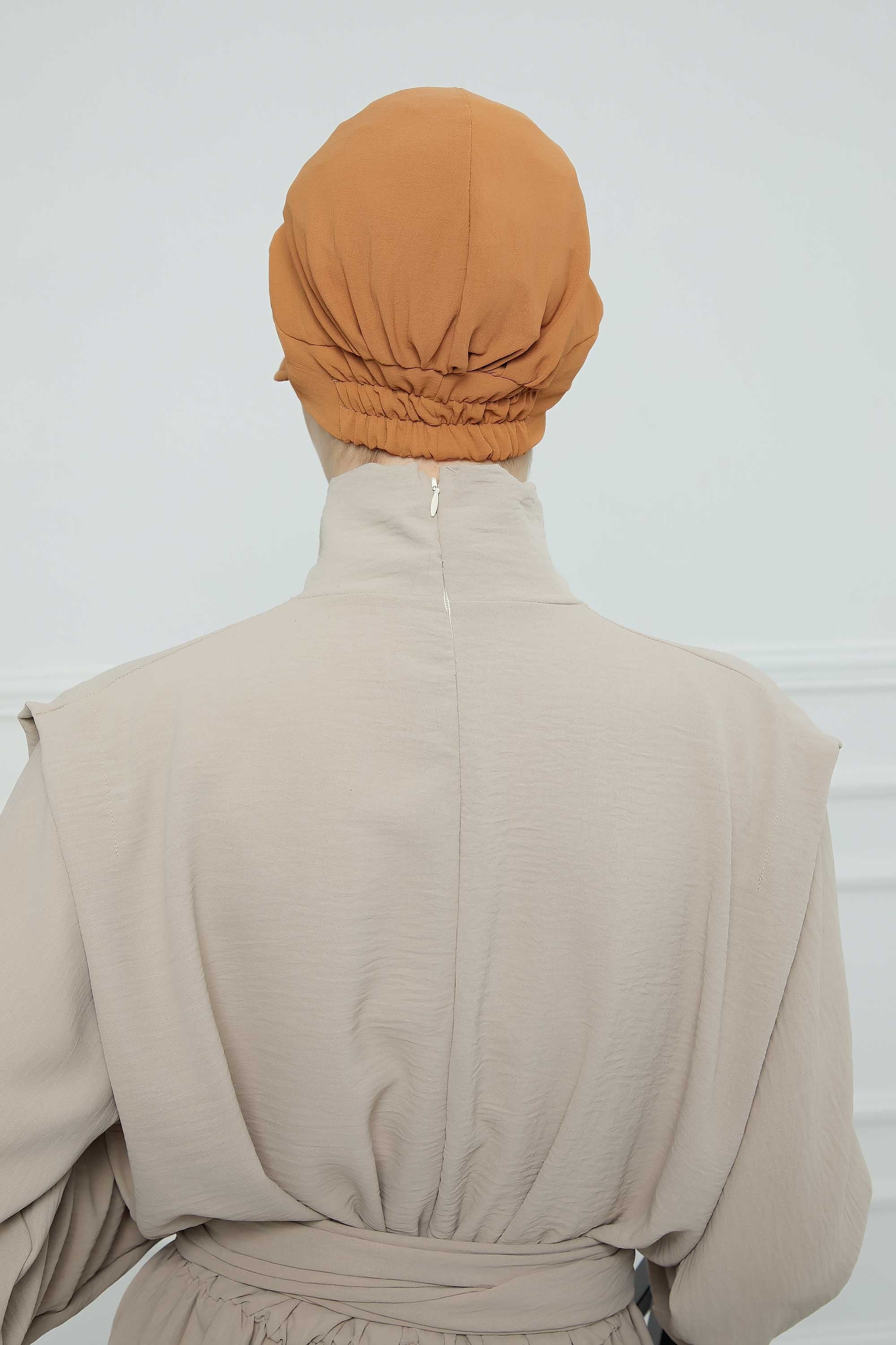 High Quality Newsboy Women Hat, Pre-Tied Turban made from High Quality Wrinkle-Resistant Aerobin Fabric, Visored Instant Turban Cover,B-73A Tawny Brown
