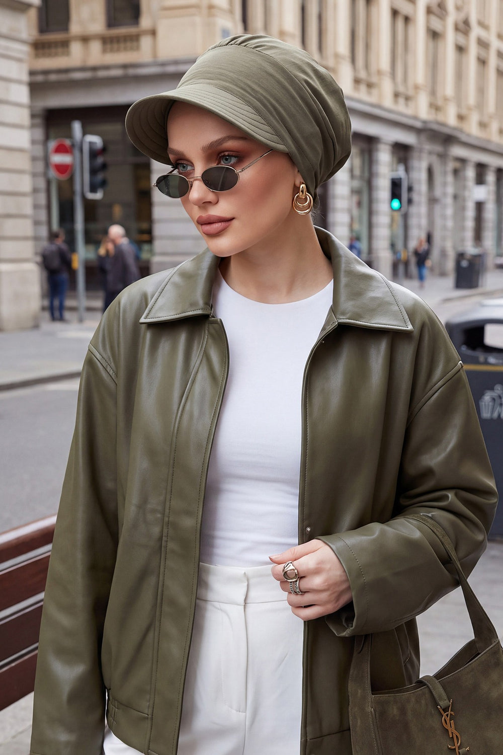 High Quality Newsboy Women Hat, Pre-Tied Turban made from High Quality Wrinkle-Resistant Aerobin Fabric, Visored Instant Turban Cover,B-73A Army Green
