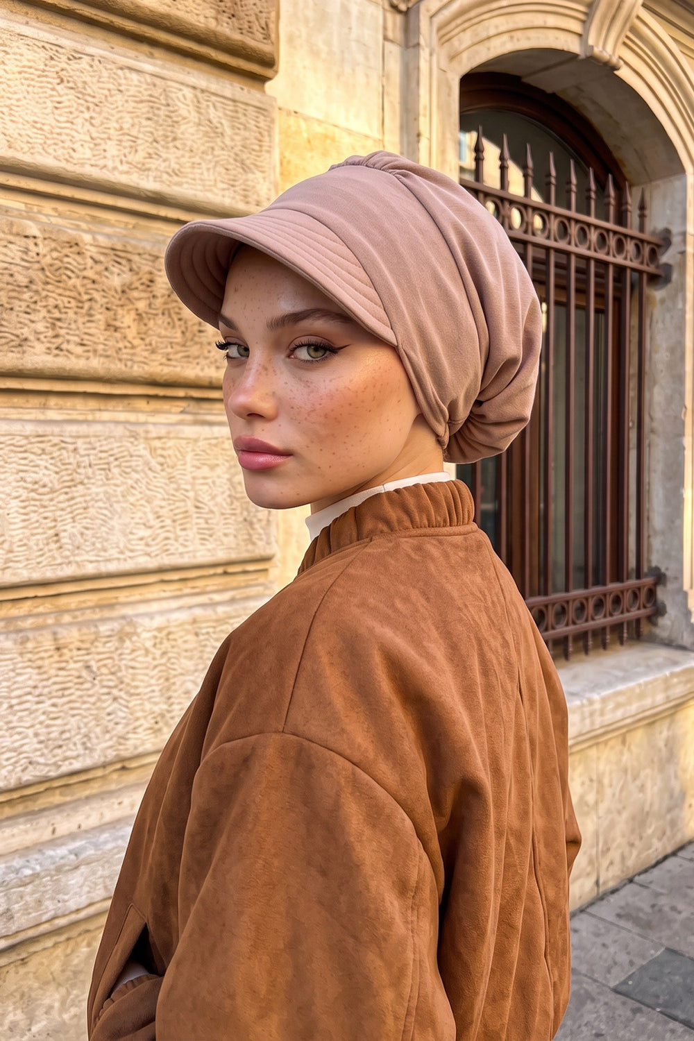 High Quality Newsboy Women Hat, Pre-Tied Turban made from High Quality Wrinkle-Resistant Aerobin Fabric, Visored Instant Turban Cover,B-73A Mink