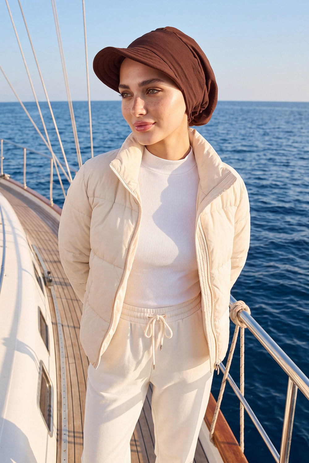 High Quality Newsboy Women Hat, Pre-Tied Turban made from High Quality Wrinkle-Resistant Aerobin Fabric, Visored Instant Turban Cover,B-73A Brown