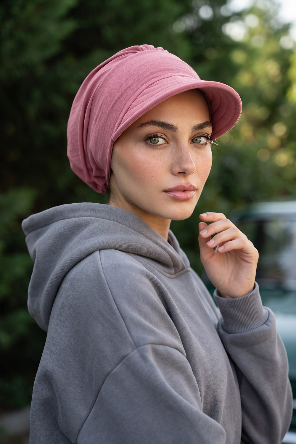 High Quality Newsboy Women Hat, Pre-Tied Turban made from High Quality Wrinkle-Resistant Aerobin Fabric, Visored Instant Turban Cover,B-73A Dark Pink