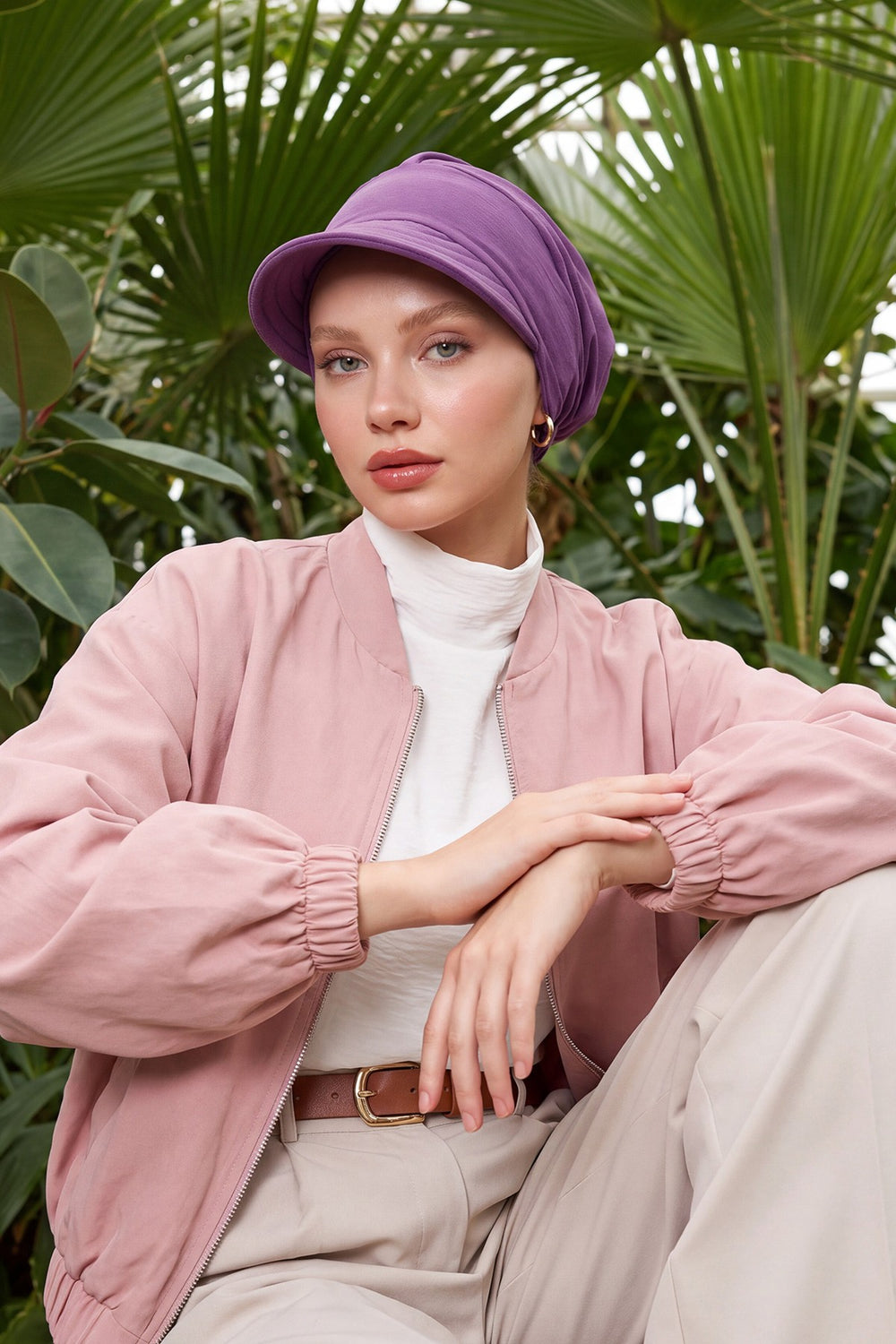 High Quality Newsboy Women Hat, Pre-Tied Turban made from High Quality Wrinkle-Resistant Aerobin Fabric, Visored Instant Turban Cover,B-73A Purple 2