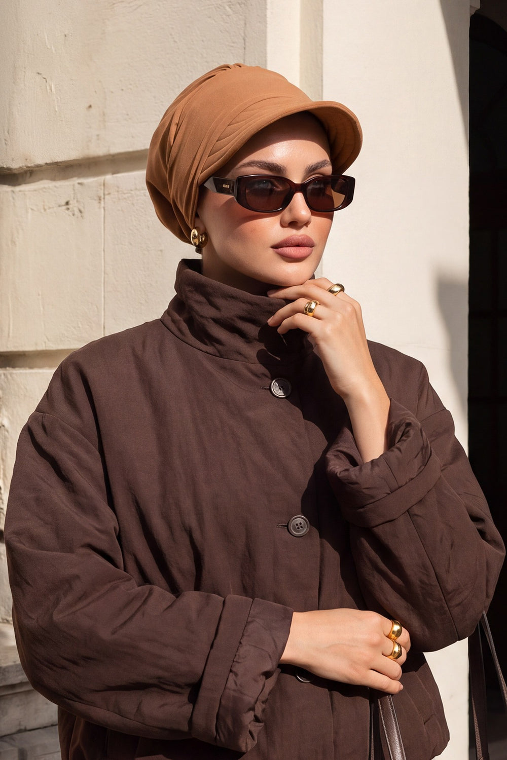 High Quality Newsboy Women Hat, Pre-Tied Turban made from High Quality Wrinkle-Resistant Aerobin Fabric, Visored Instant Turban Cover,B-73A Camel
