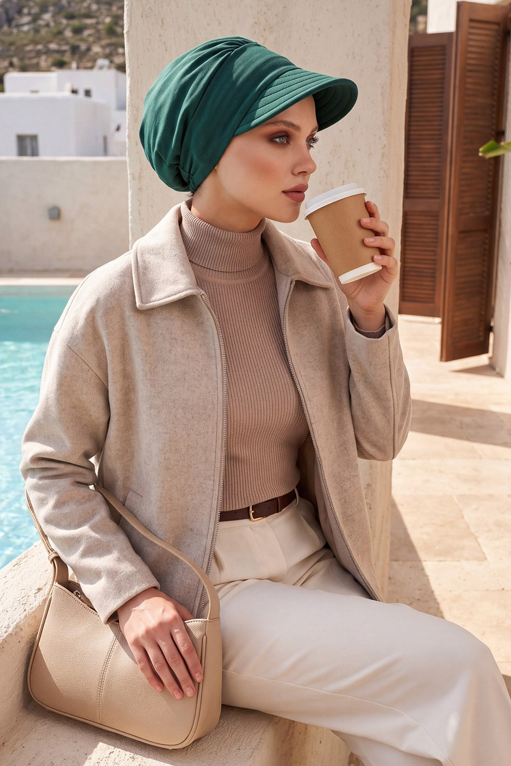 High Quality Newsboy Women Hat, Pre-Tied Turban made from High Quality Wrinkle-Resistant Aerobin Fabric, Visored Instant Turban Cover,B-73A Dark Green