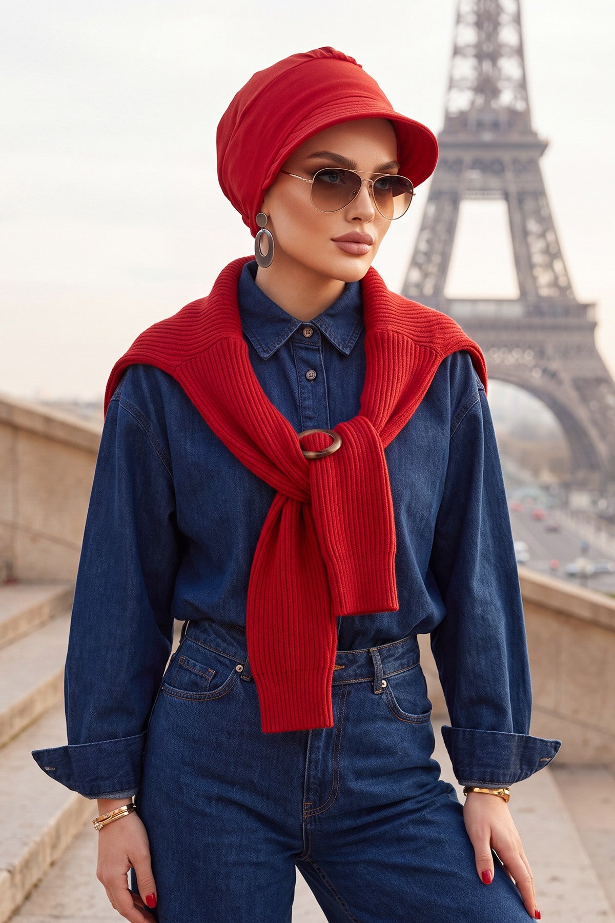 High Quality Newsboy Women Hat, Pre-Tied Turban made from High Quality Wrinkle-Resistant Aerobin Fabric, Visored Instant Turban Cover,B-73A Red