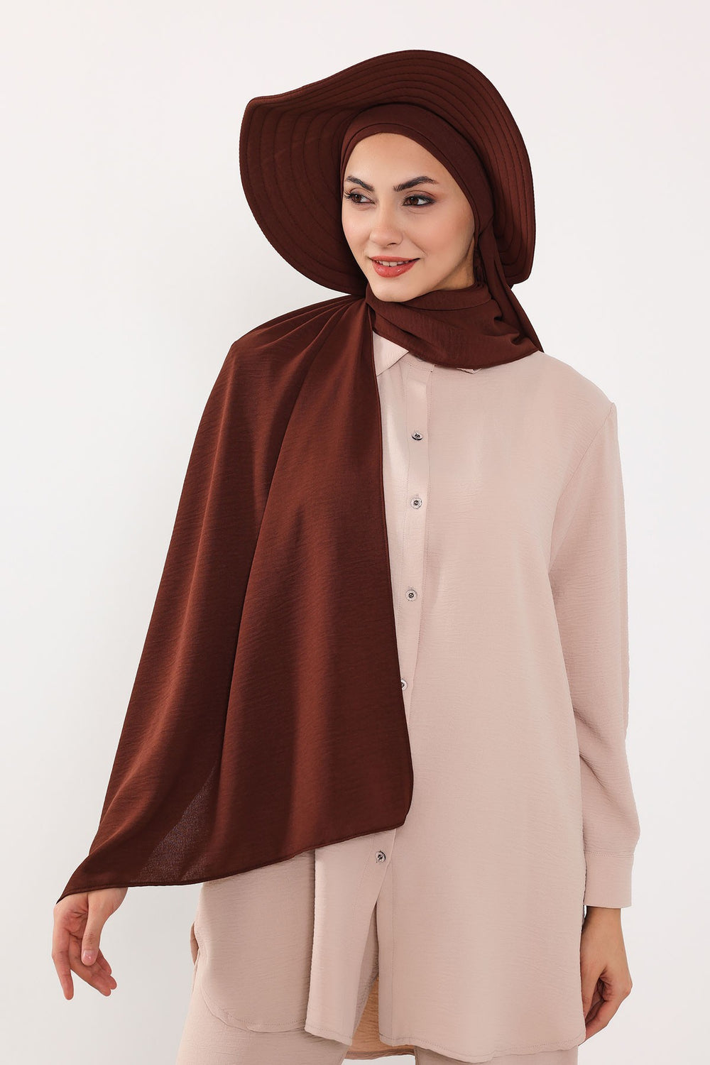 Instant Aerobin Shawl 2 in 1 Womens Wide Brim Summer Hat + Plain Scarf Foldable Roll up Beach Cap Removable Sun Hat Hijab Women Turban,SS-2A Brown