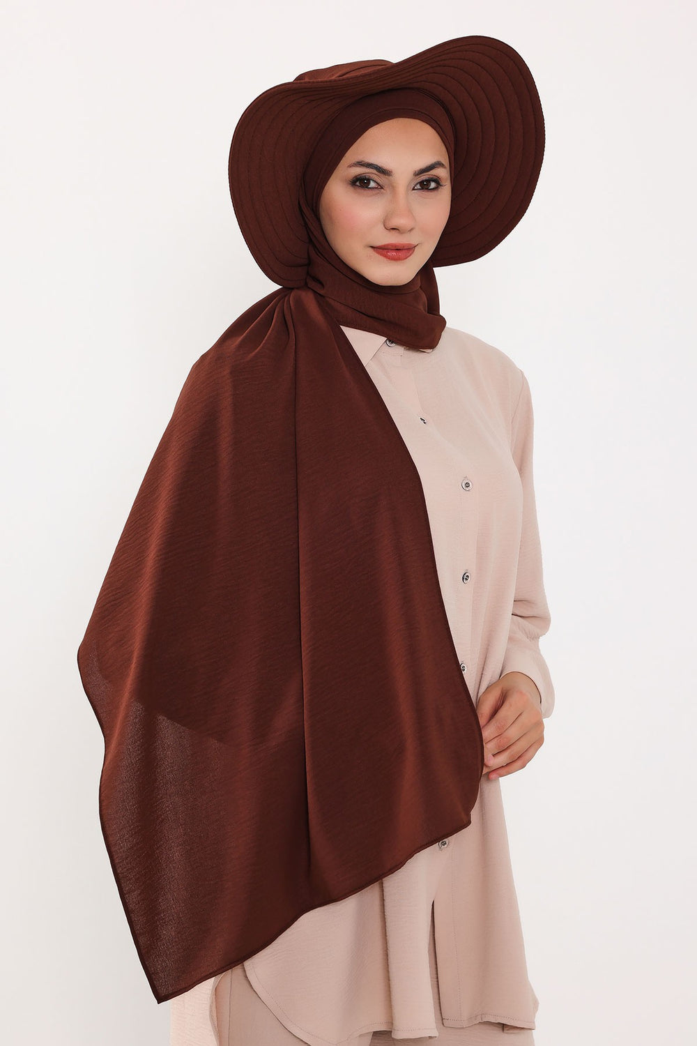 Instant Aerobin Shawl 2 in 1 Womens Wide Brim Summer Hat + Plain Scarf Foldable Roll up Beach Cap Removable Sun Hat Hijab Women Turban,SS-2A Brown
