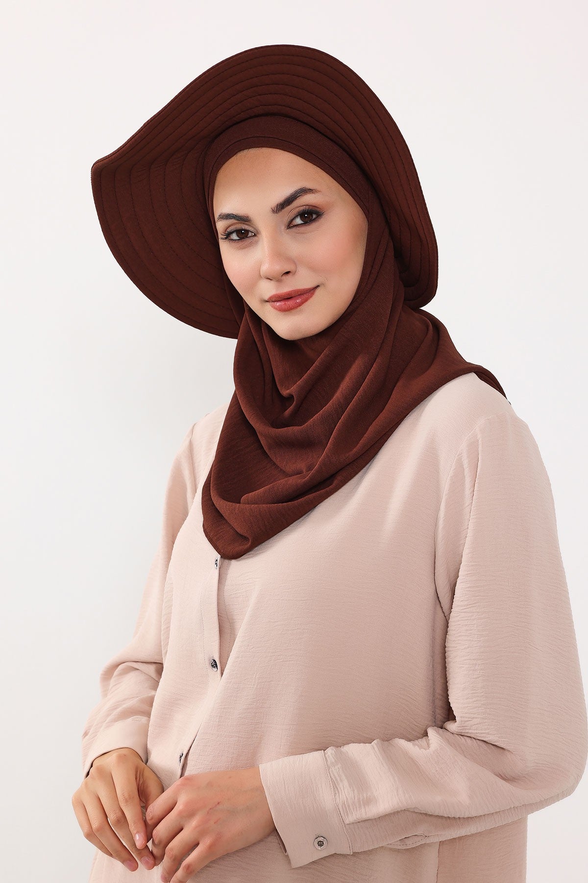 Instant Aerobin Shawl 2 in 1 Womens Wide Brim Summer Hat + Plain Scarf Foldable Roll up Beach Cap Removable Sun Hat Hijab Women Turban,SS-2A Brown