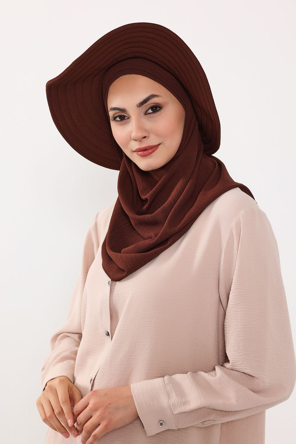 Instant Aerobin Shawl 2 in 1 Womens Wide Brim Summer Hat + Plain Scarf Foldable Roll up Beach Cap Removable Sun Hat Hijab Women Turban,SS-2A Brown