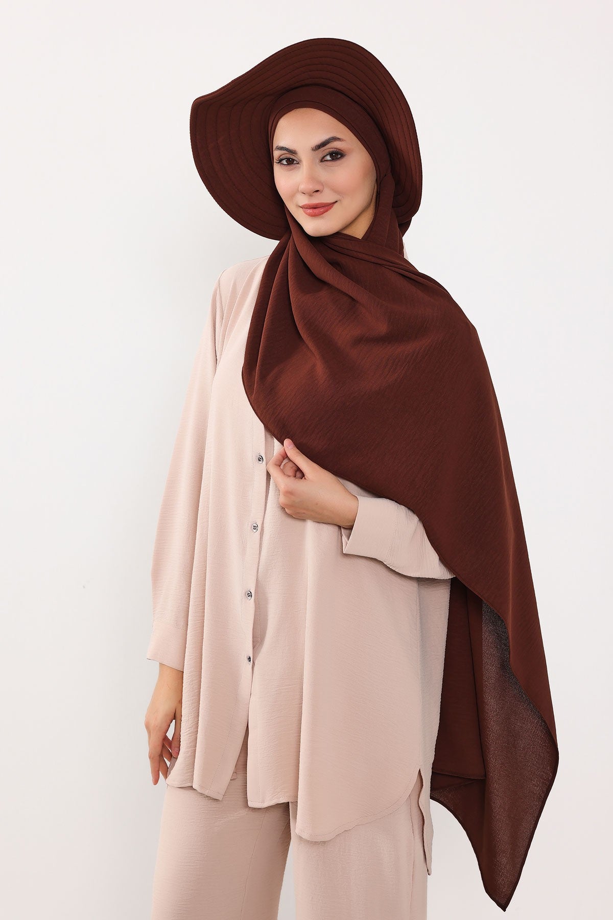 Instant Aerobin Shawl 2 in 1 Womens Wide Brim Summer Hat + Plain Scarf Foldable Roll up Beach Cap Removable Sun Hat Hijab Women Turban,SS-2A Brown