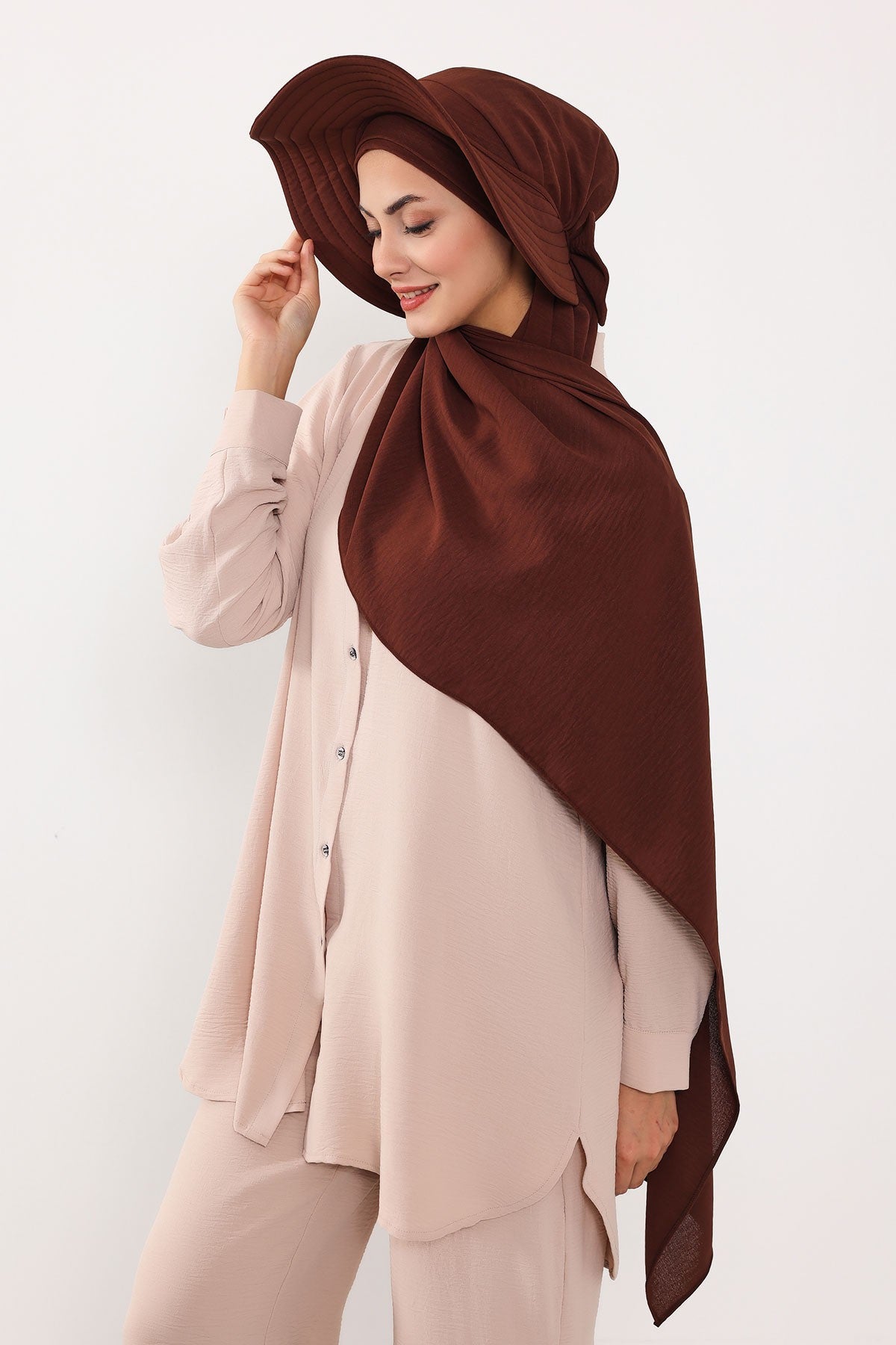 Instant Aerobin Shawl 2 in 1 Womens Wide Brim Summer Hat + Plain Scarf Foldable Roll up Beach Cap Removable Sun Hat Hijab Women Turban,SS-2A Brown