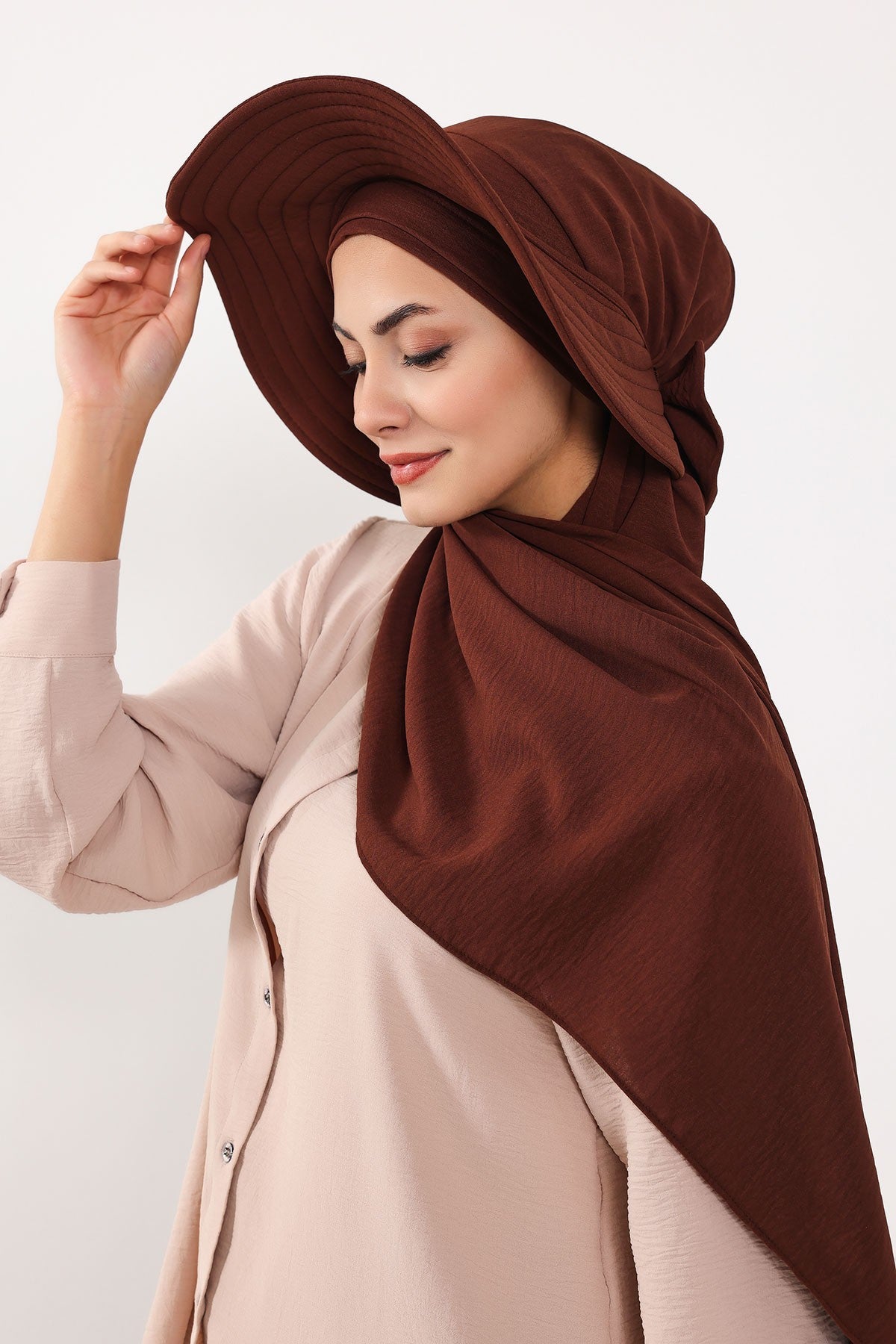 Instant Aerobin Shawl 2 in 1 Womens Wide Brim Summer Hat + Plain Scarf Foldable Roll up Beach Cap Removable Sun Hat Hijab Women Turban,SS-2A Brown