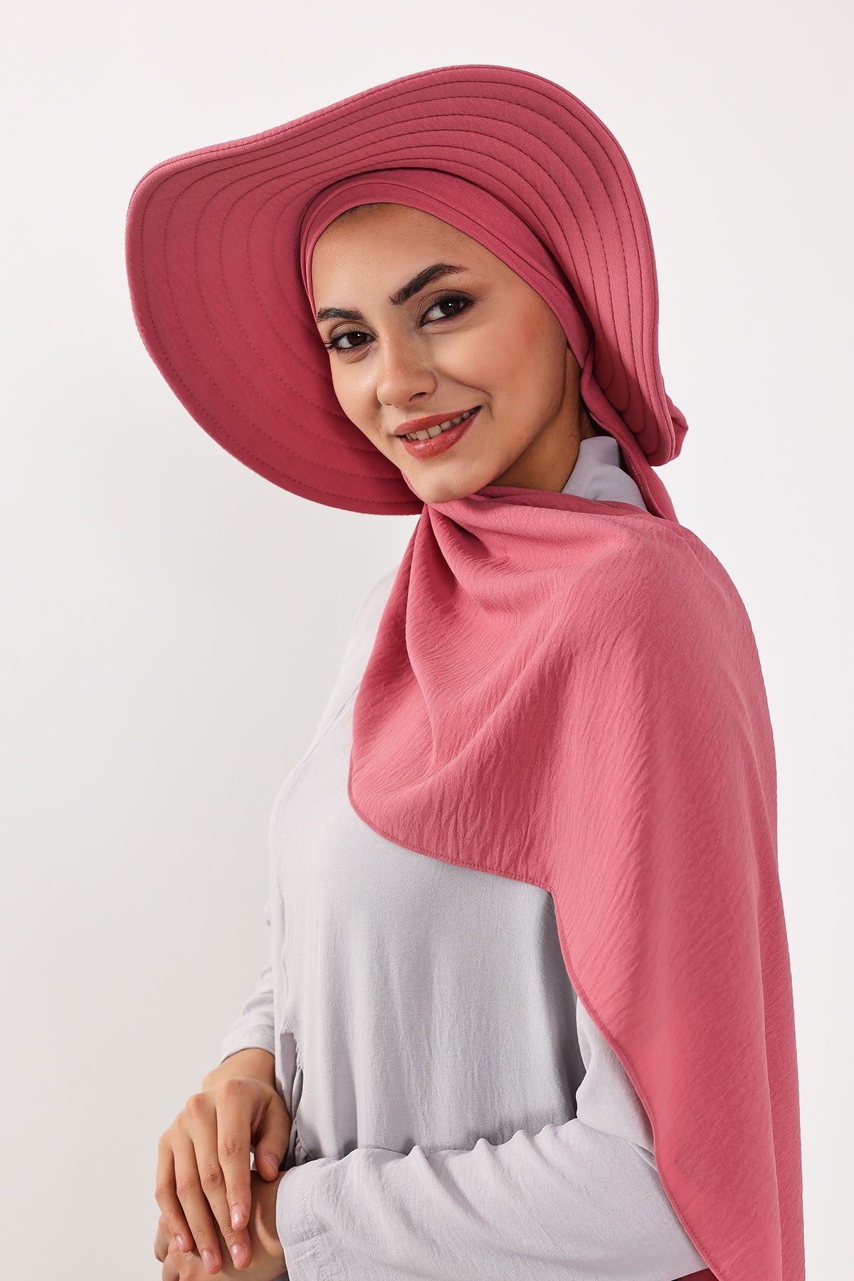Instant Aerobin Shawl 2 in 1 Womens Wide Brim Summer Hat + Plain Scarf Foldable Roll up Beach Cap Removable Sun Hat Hijab Women Turban,SS-2A Dark Pink