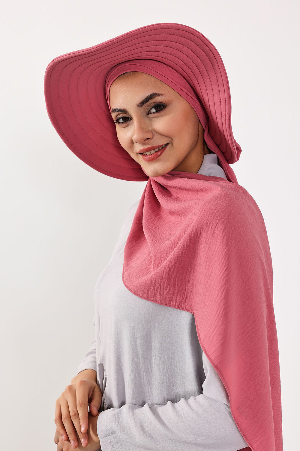 Instant Aerobin Shawl 2 in 1 Womens Wide Brim Summer Hat + Plain Scarf Foldable Roll up Beach Cap Removable Sun Hat Hijab Women Turban,SS-2A Dark Pink