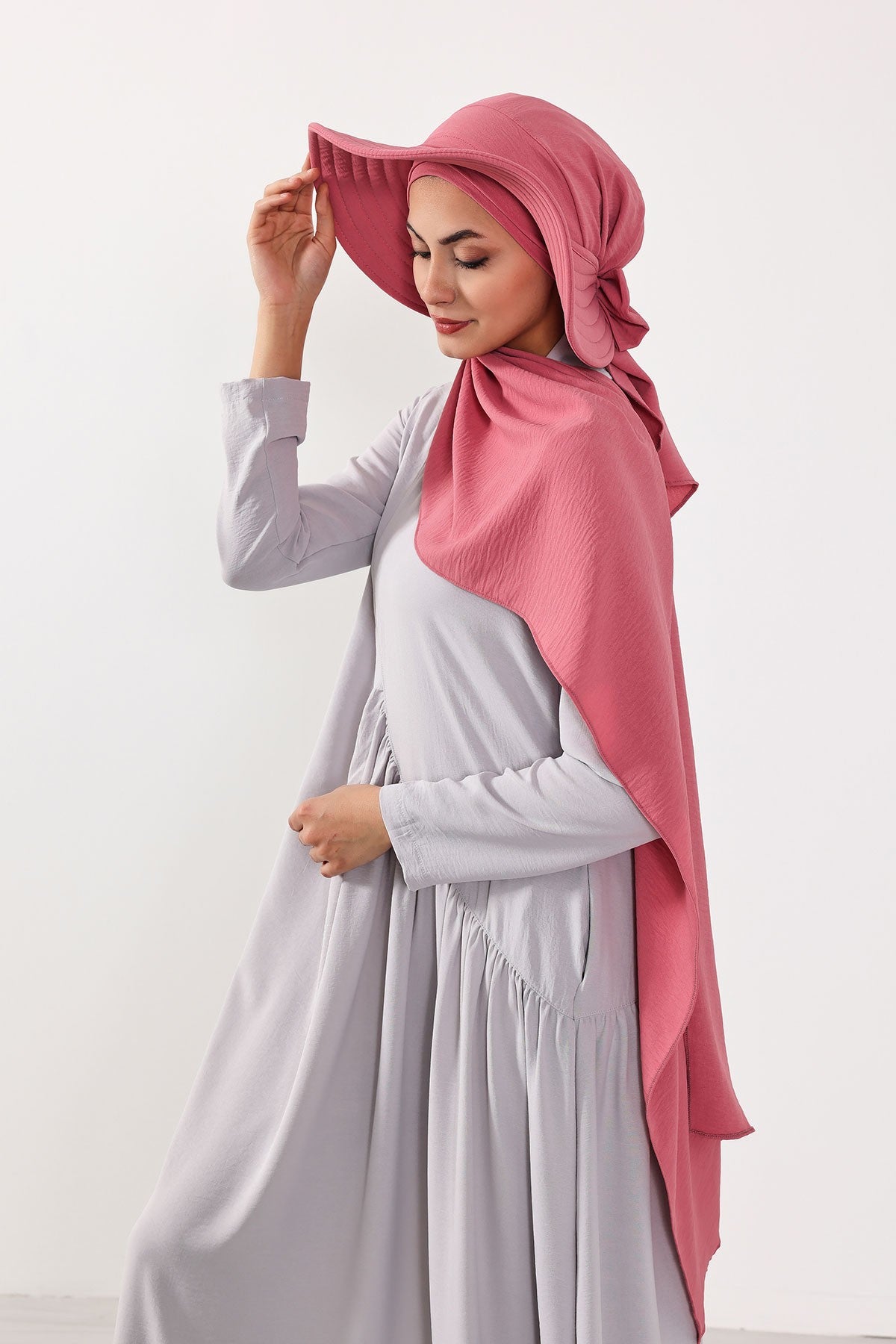 Instant Aerobin Shawl 2 in 1 Womens Wide Brim Summer Hat + Plain Scarf Foldable Roll up Beach Cap Removable Sun Hat Hijab Women Turban,SS-2A Dark Pink